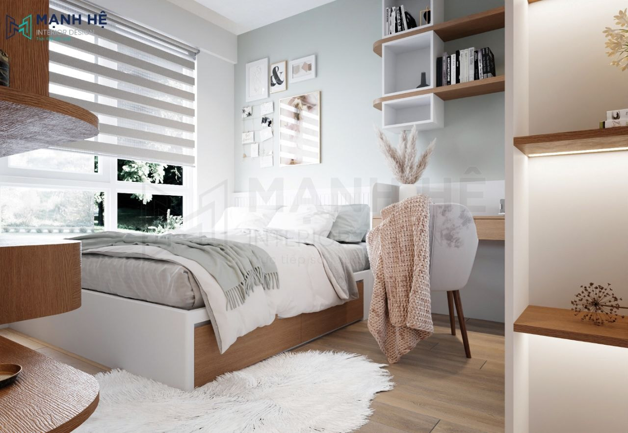 Gam màu trung tính tươi mát cho phòng ngủ nhỏ của căn hộ 63m2