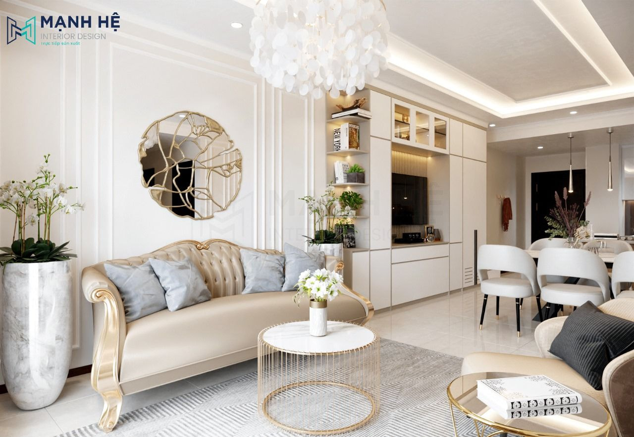 Phòng khách căn hộ 66m2 phong cách tân cổ điển nhẹ nhàng