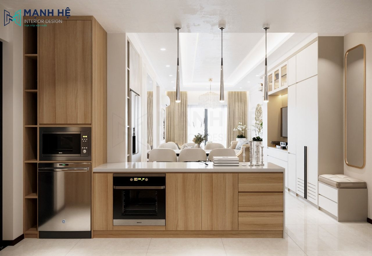 Đảo bếp kết hợp quầy bar cũng là lựa chọn phổ biến ở các căn hộ chung cư hiện nay