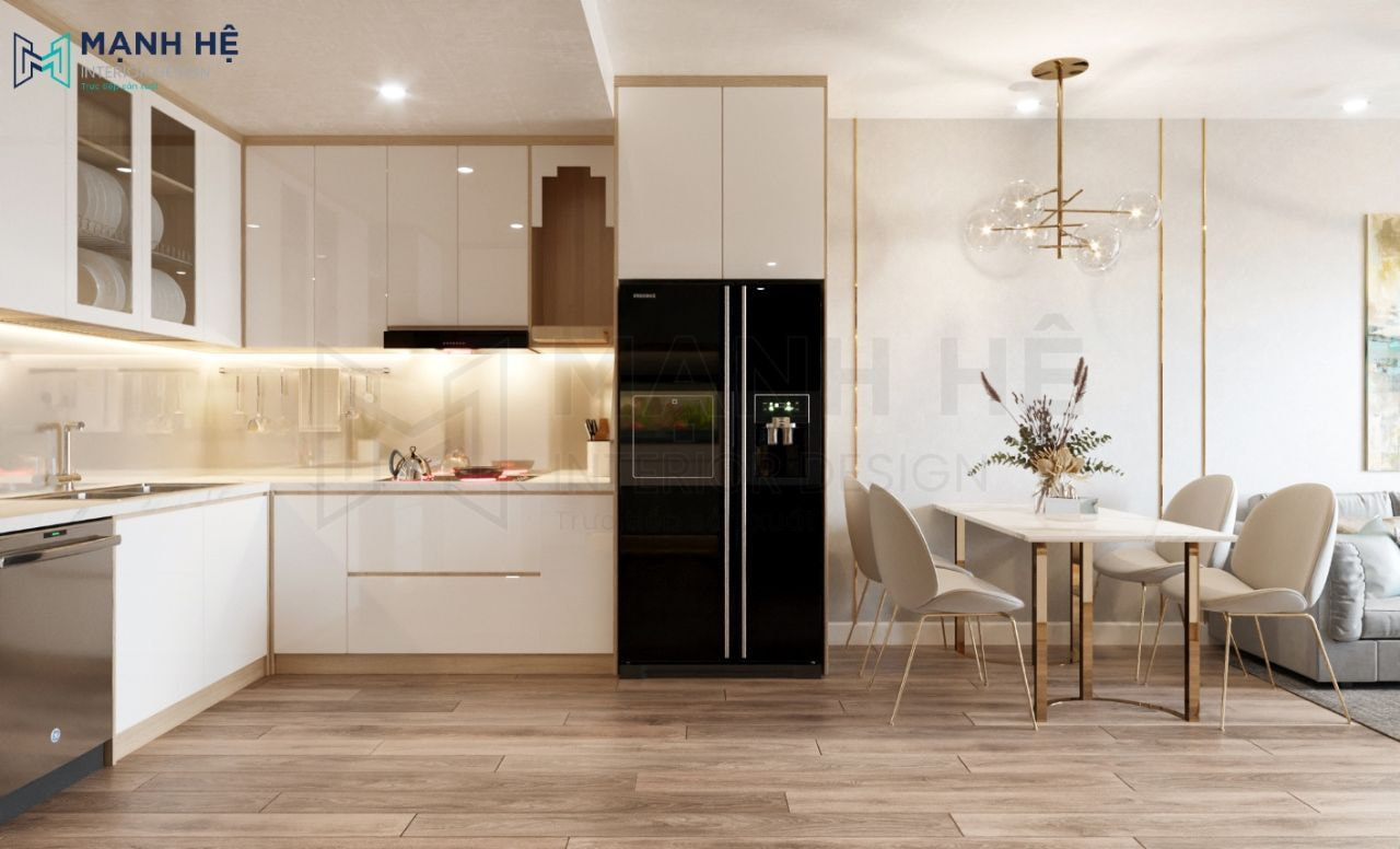 Hệ tủ bếp gỗ công nghiệp phủ melamine cao đụng trần tích hợp các thiết bị nấu nướng đa năng