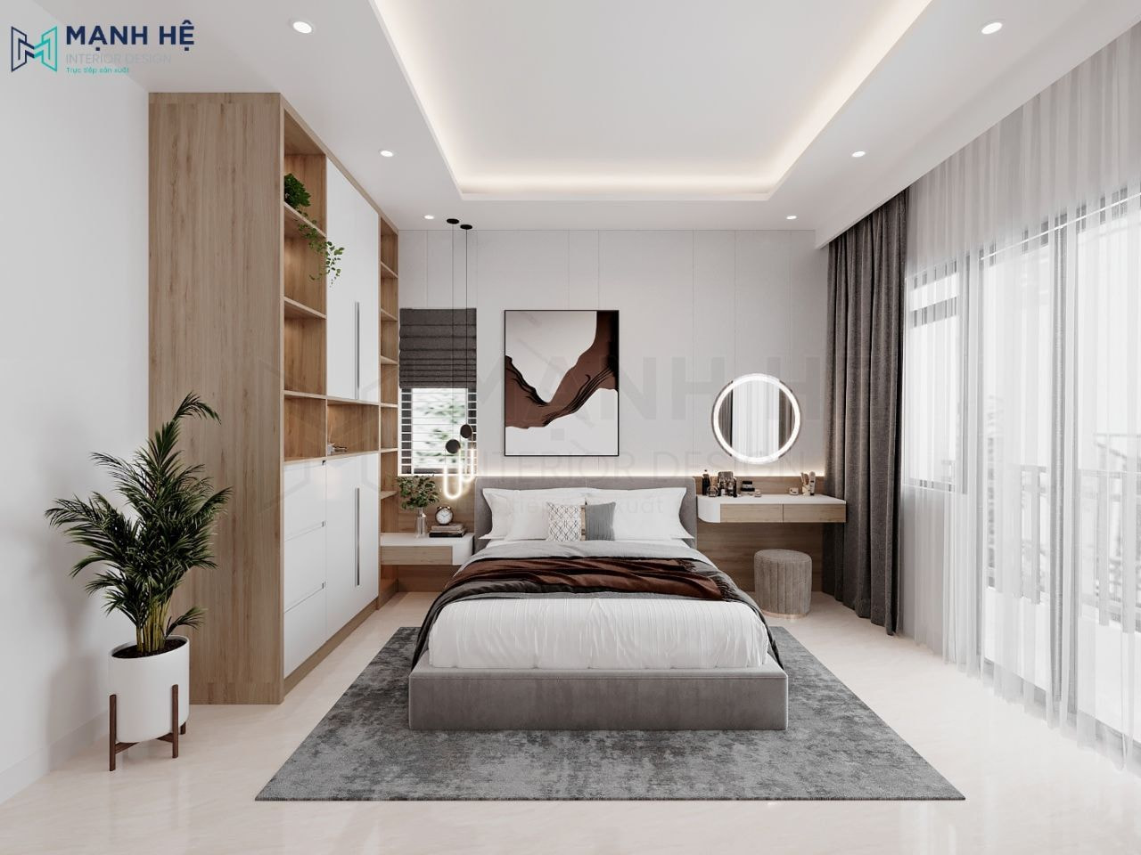 Tối ưu ánh sáng căn phòng ngủ nhờ hệ thống đèn led âm trần kết hợp rèm cửa 2 lớp