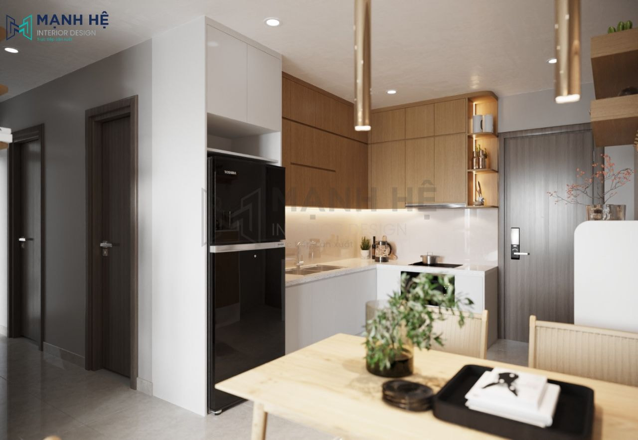 Thiết kế tủ bếp trên tủ lạnh tối ưu không gian lưu trữ và hạn chế tích tụ bụi bẩn cho gia chủ dễ dàng vệ sinh hơn
