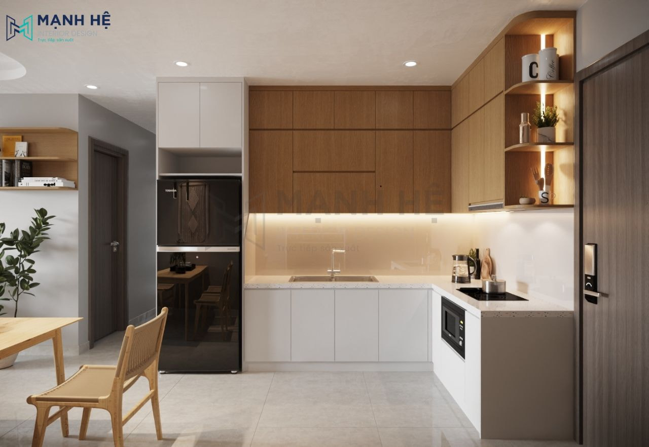 Hệ tủ bếp chữ L gỗ công nghiệp kết hợp kệ bo góc hiện đại tạo không gian trang trí