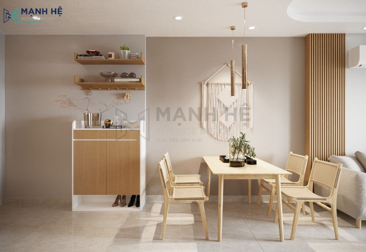 Bộ bàn ăn 4 ghế màu gỗ nhạt mộc mạc, tạo cảm giác nhẹ nhàng cho tổng thể