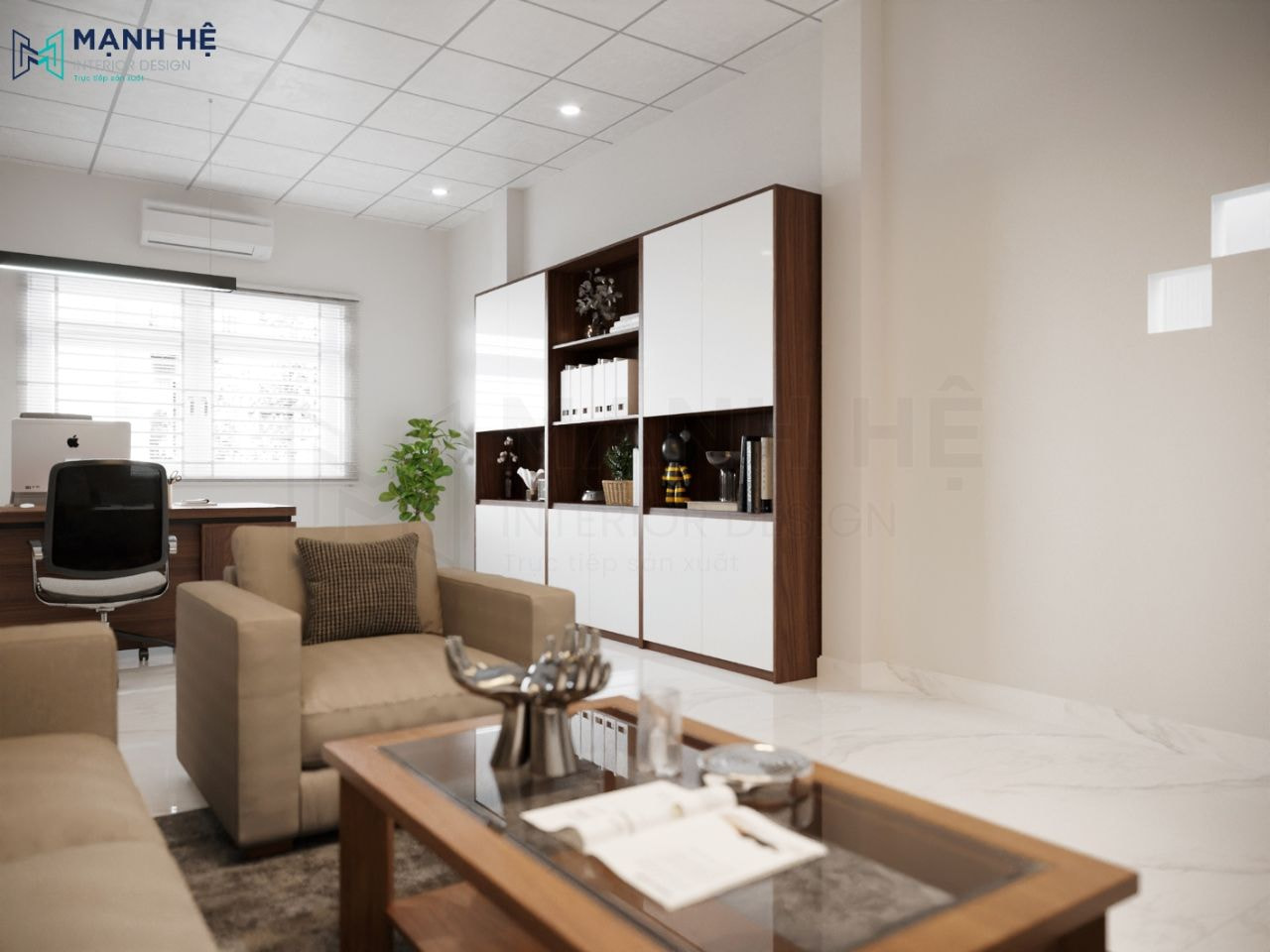 Thiết kế tủ lưu trữ kết hợp kệ trang trí hiện đại sử dụng gỗ công nghiệp tông nâu trầm