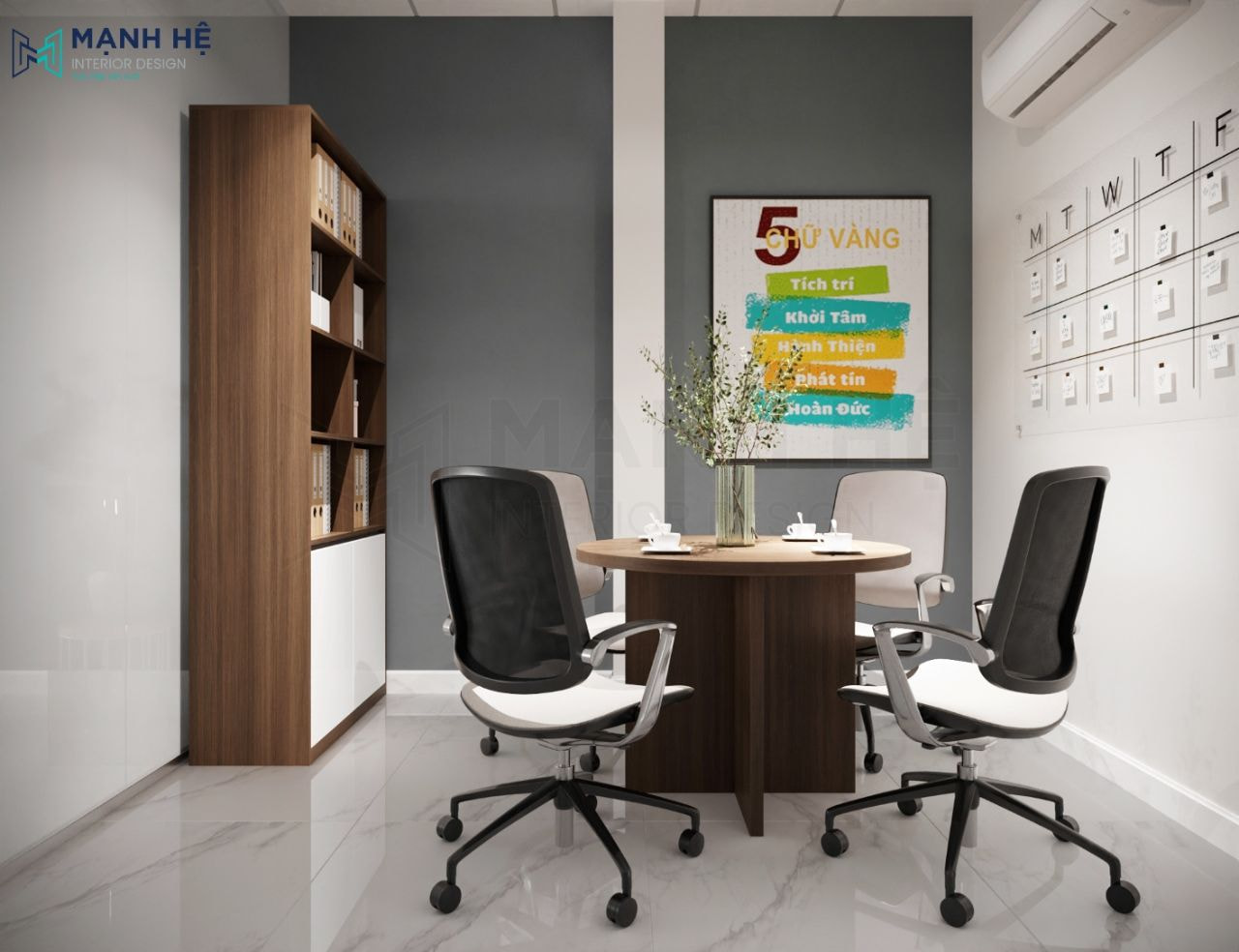 Sử dụng tủ lưu trữ hồ sơ gỗ công nghiệp hiện đại và tranh treo tường chứa nội dung ý nghĩa trang trí cho không gian phòng họp nhỏ