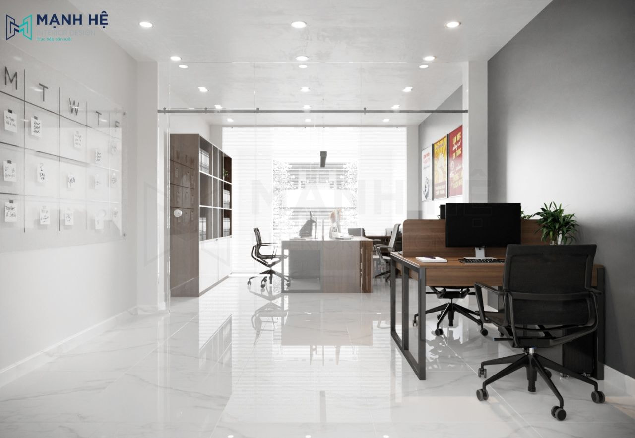 Sử dụng cửa kính ngăn cách không gian tạo sự riêng tư cho từng bộ phận khác nhau