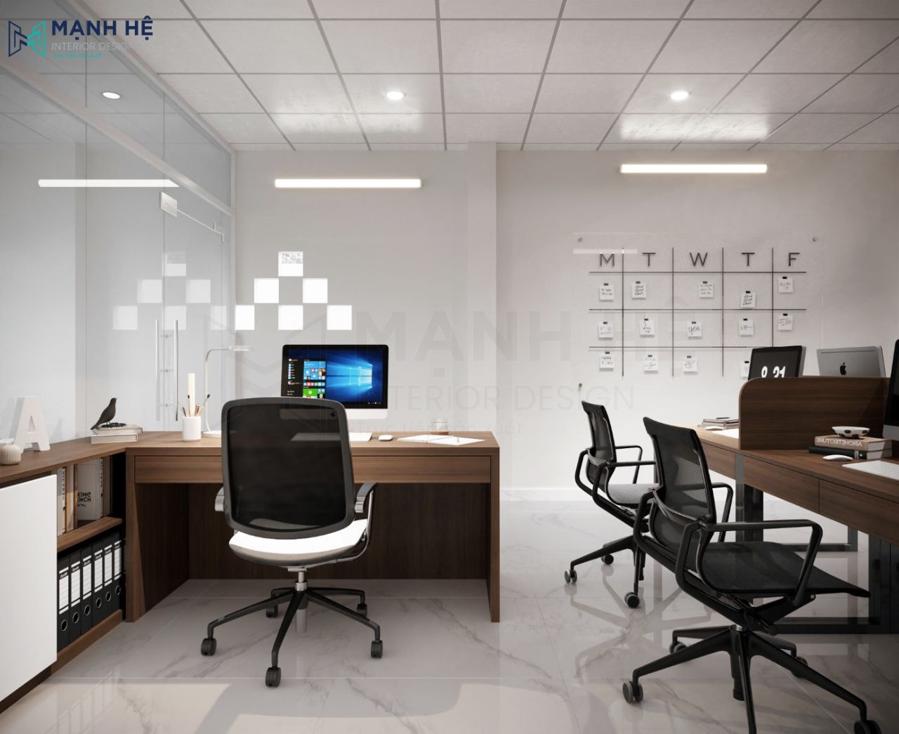 Thiết kế bàn làm việc trưởng bộ phận có tủ cánh lùa lưu trữ tài liệu