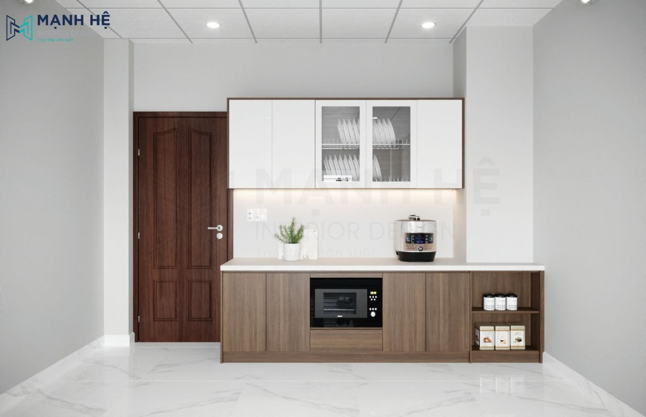Thiết kế nội thất phòng trà với hệ tủ bếp chữ I