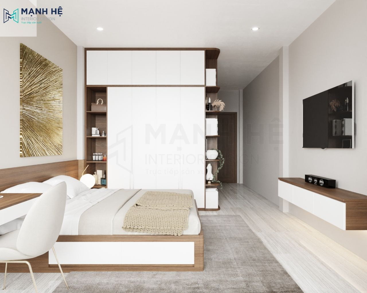 Mẫu 7: Tủ quần áo gỗ công nghiệp với 4 cánh và 1 buồng làm kệ đựng mỹ phẩm + túi xách, thêm kệ trang trí tiện nghi