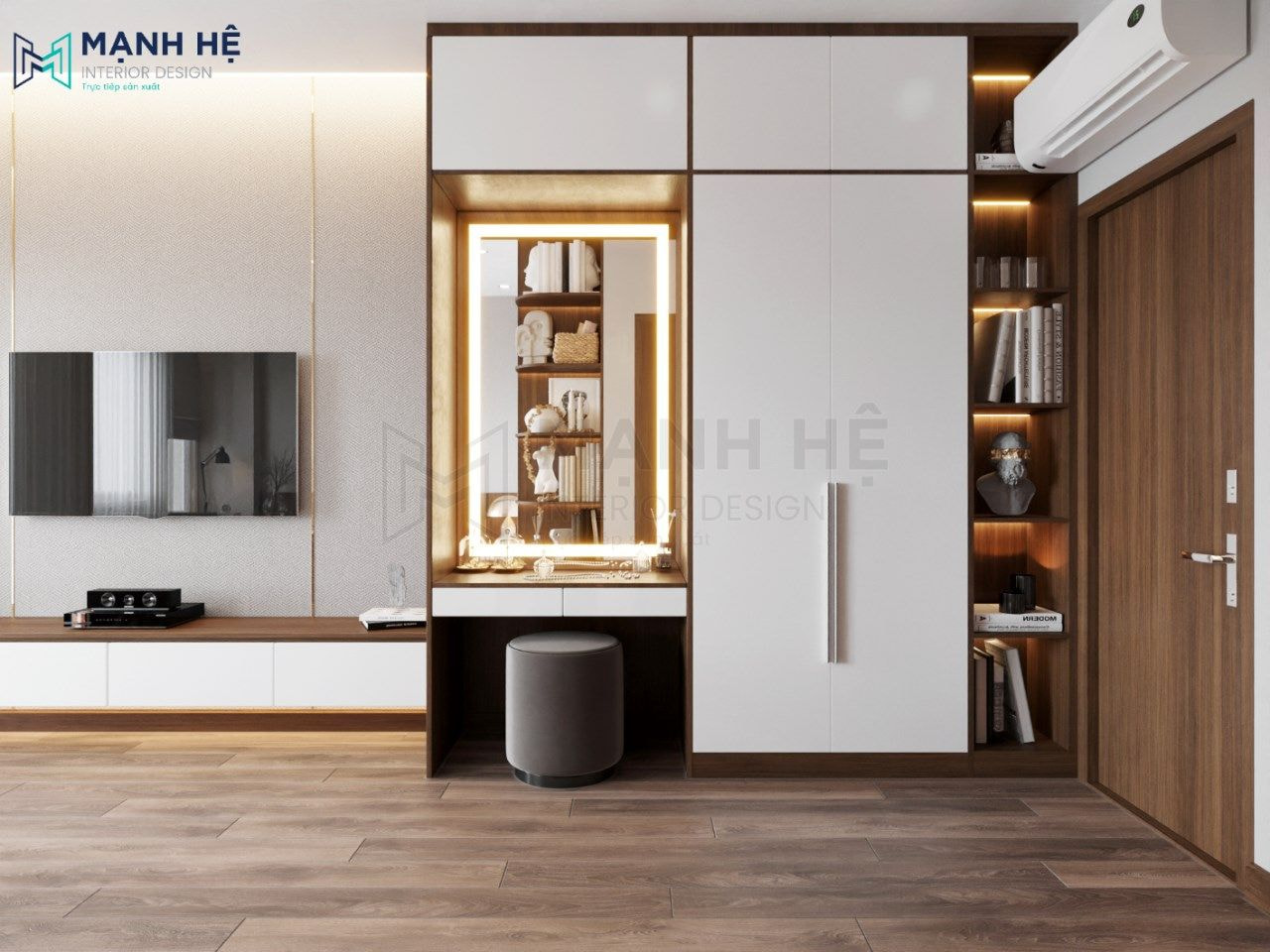 Tủ quần áo kịch trần có gương soi gắn led