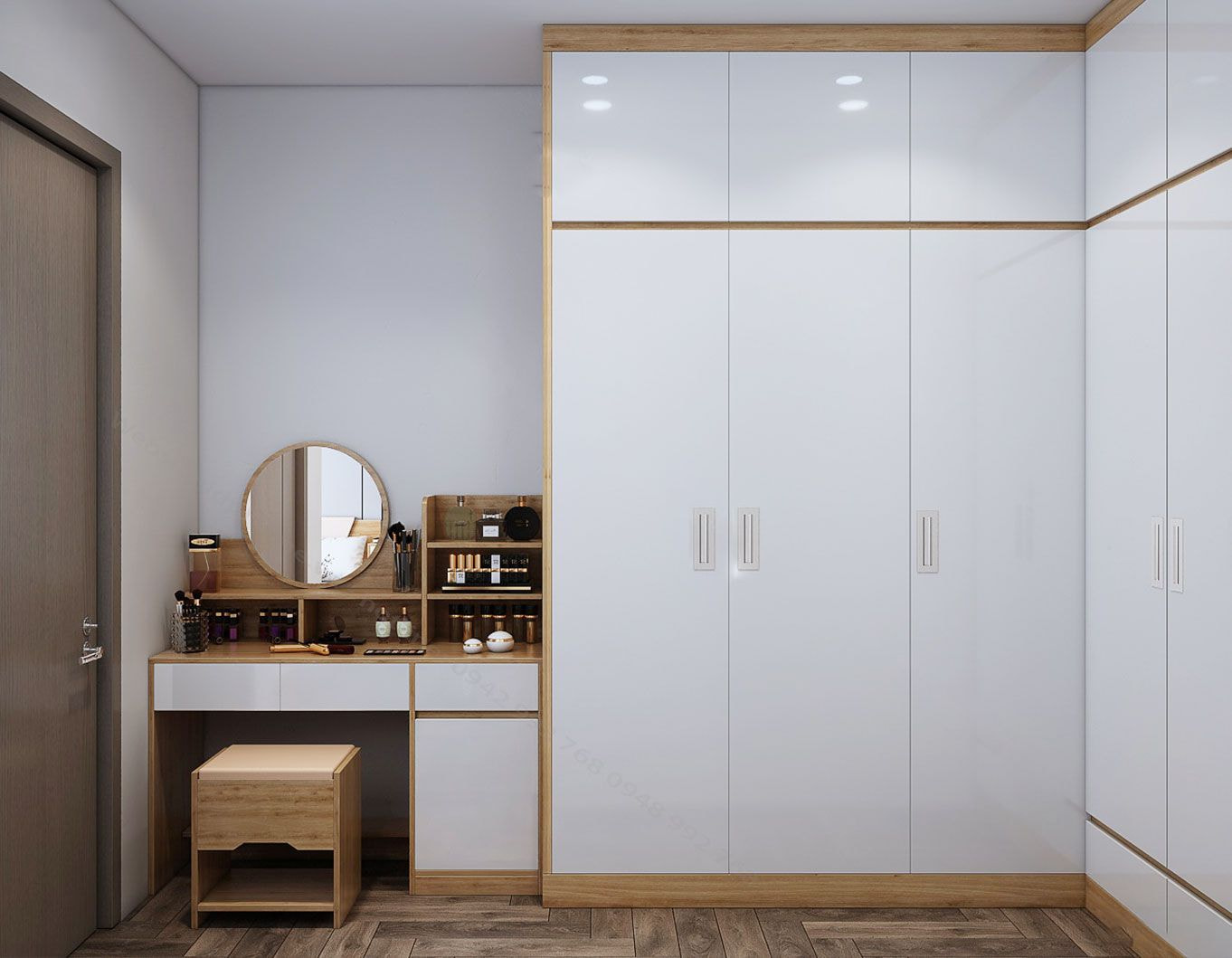 Tủ quần áo gỗ công nghiệp phủ melamine nối liền bàn trang điểm có gương