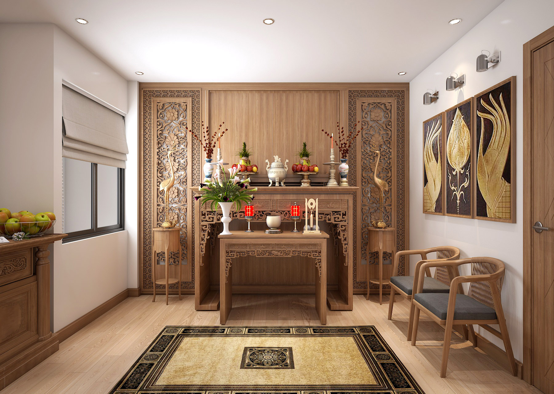Giấy tường phòng thờ có vân gỗ giả mang đến nét đẹp nhẹ nhàng tinh tế và hơi hướng gần cổ điển cho căn phòng