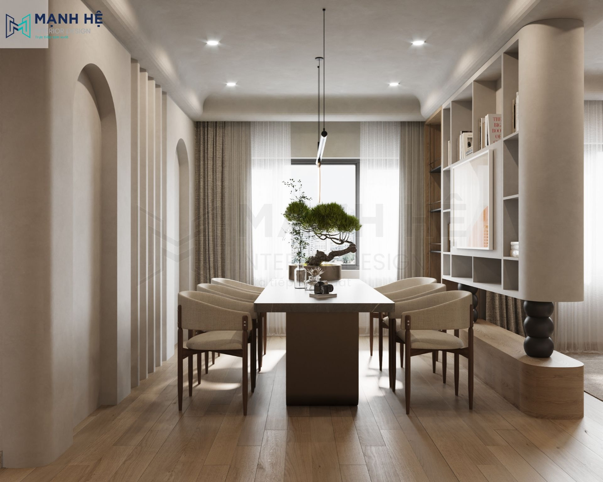 Bộ bàn ăn lớn và rộng được bố trí trong một khu vực riêng