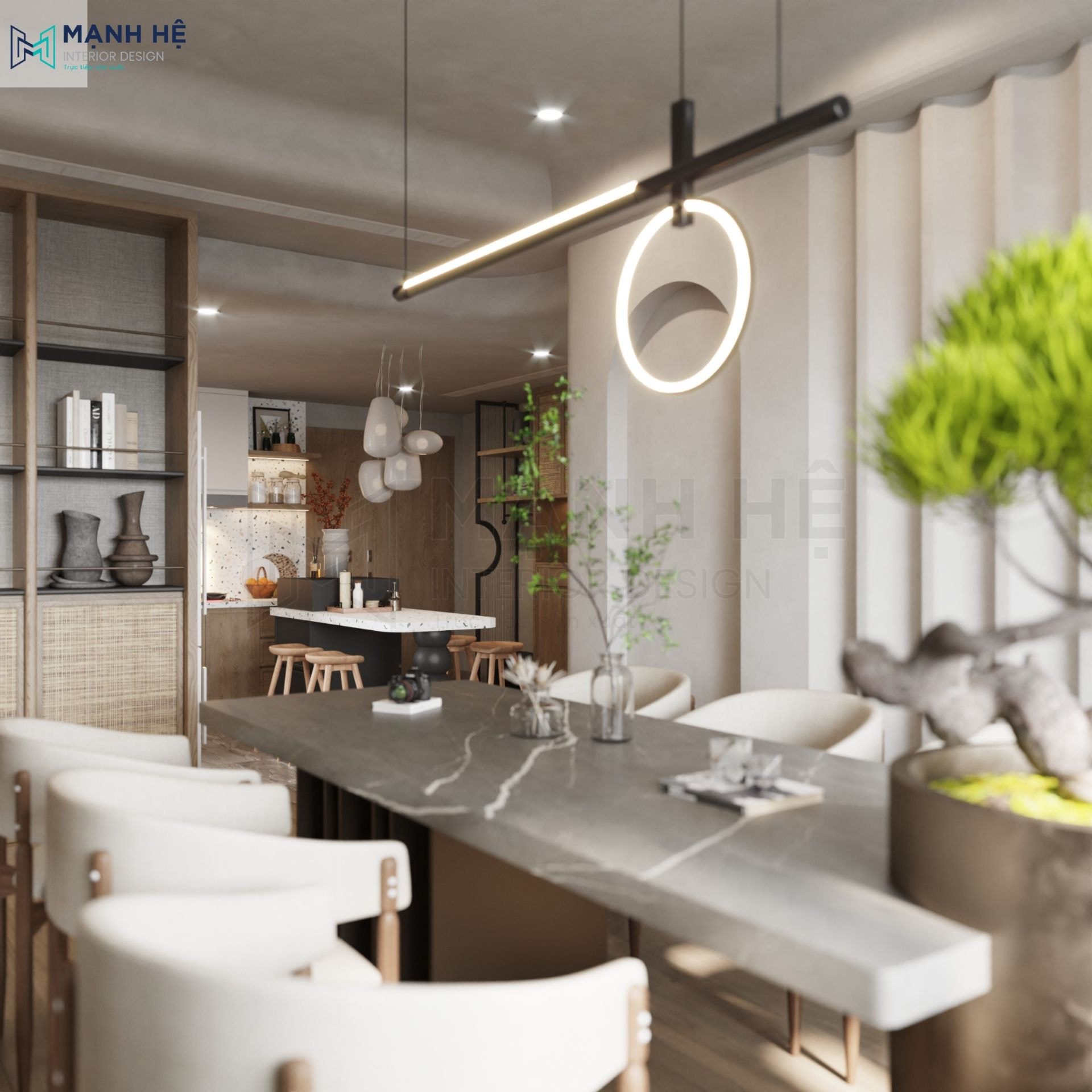 Phòng ăn được thiết kế thông với phòng khách tiện lợi