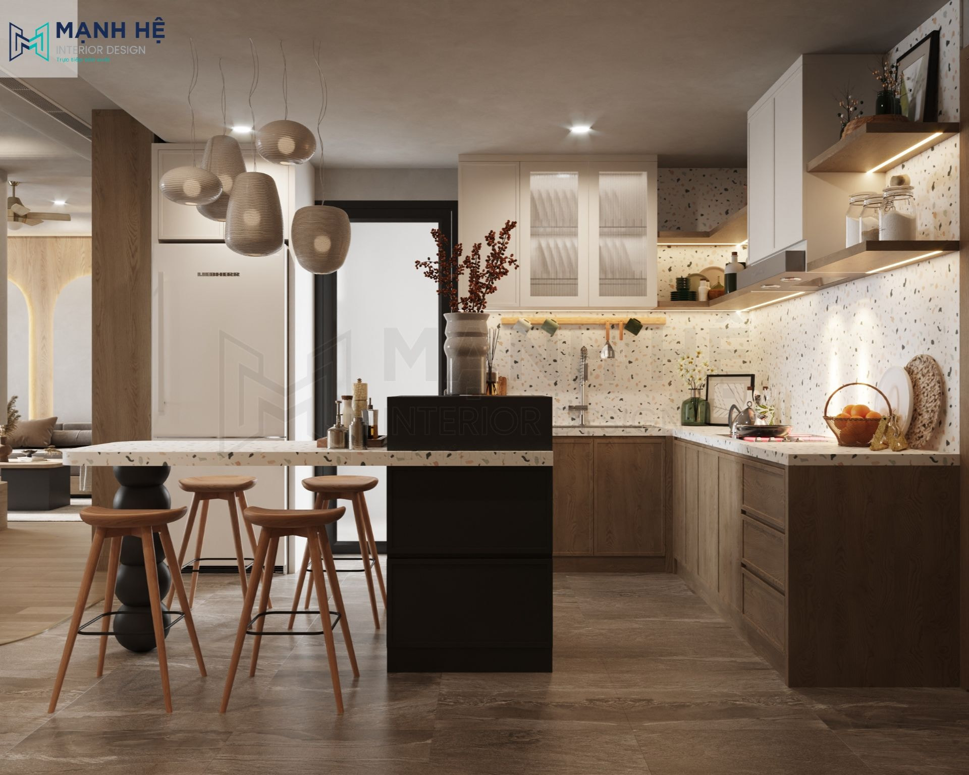 Gam màu sắc và vật liệu được sử dụng mang lại cảm giác cuốn hút, thích thú khi bước vào bếp