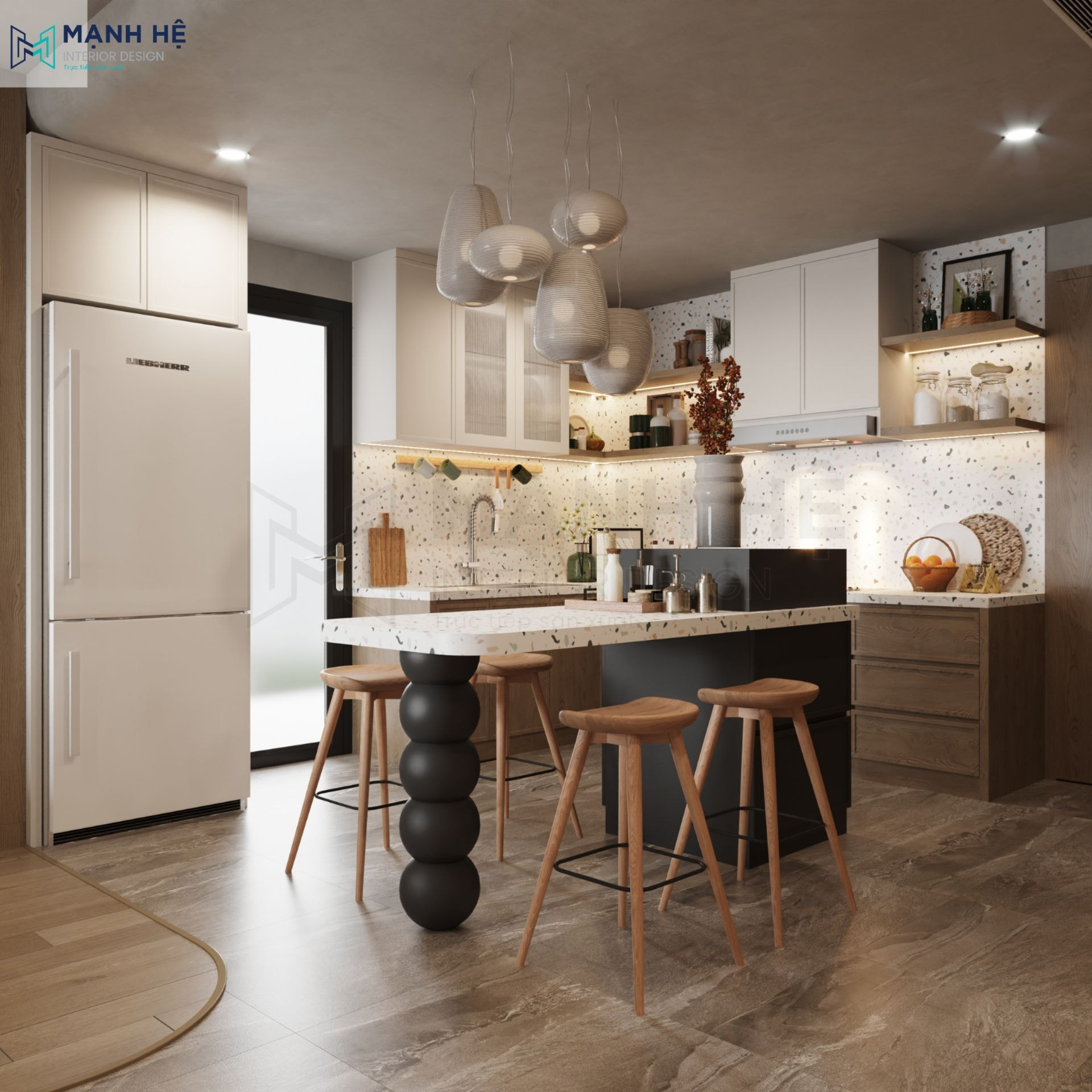Tổng thể không gian bếp được bố trí, kết hợp hài hòa và đẹp mắt