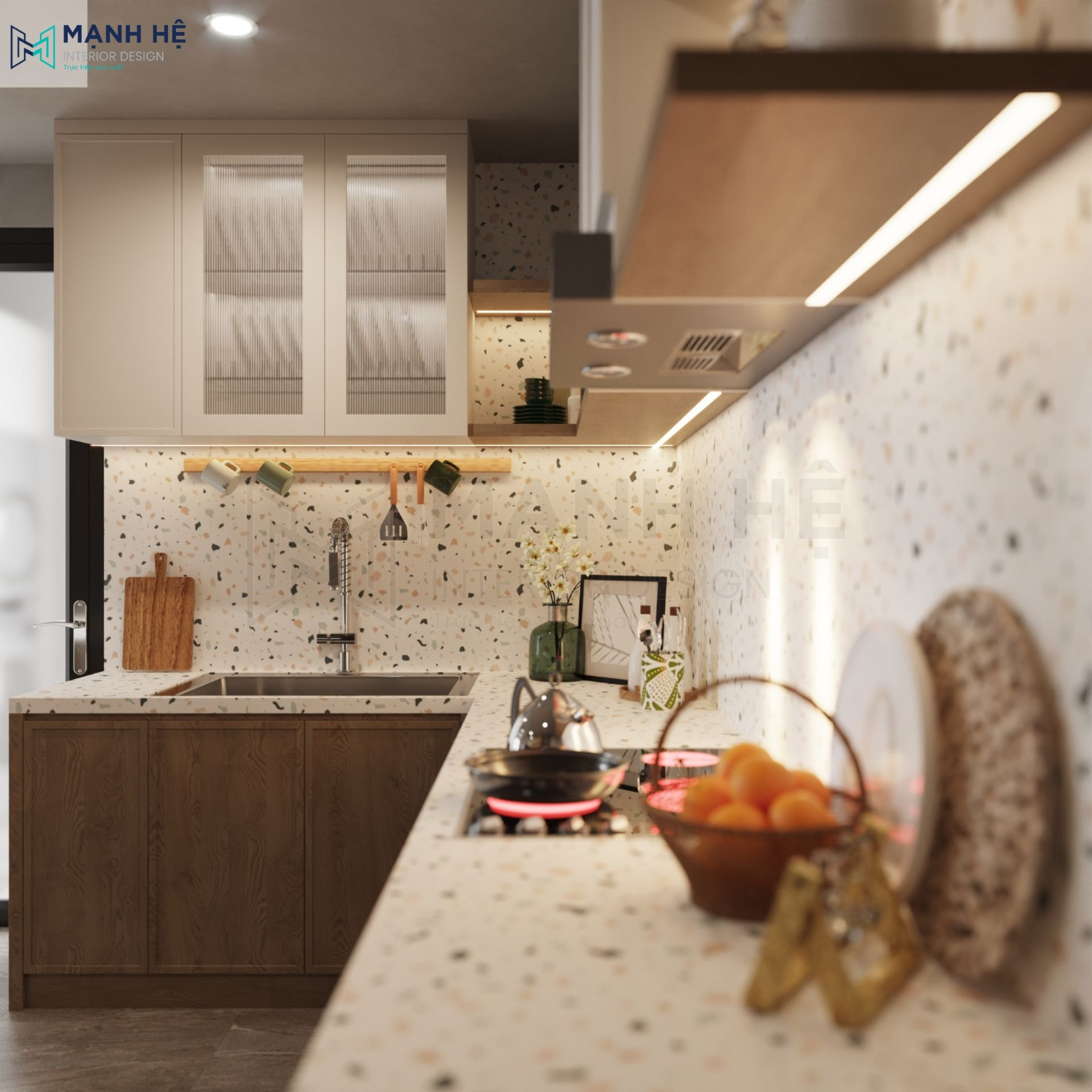Bề mặt bếp và ốp bếp sử dụng gạch hoa Terrazzo có chi tiết xinh xắn