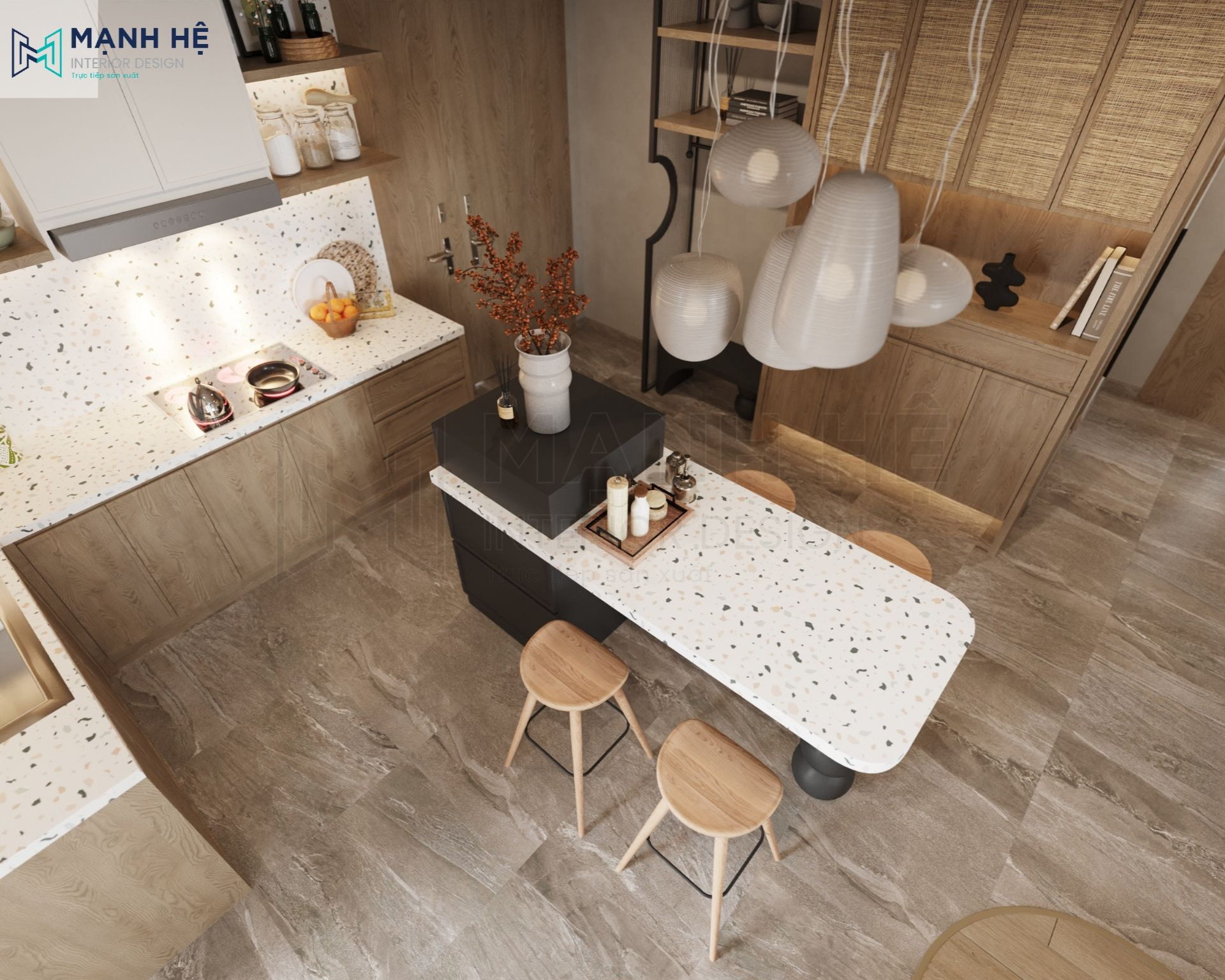 Bề mặt bếp và ốp bếp sử dụng gạch hoa Terrazzo có chi tiết xinh xắn