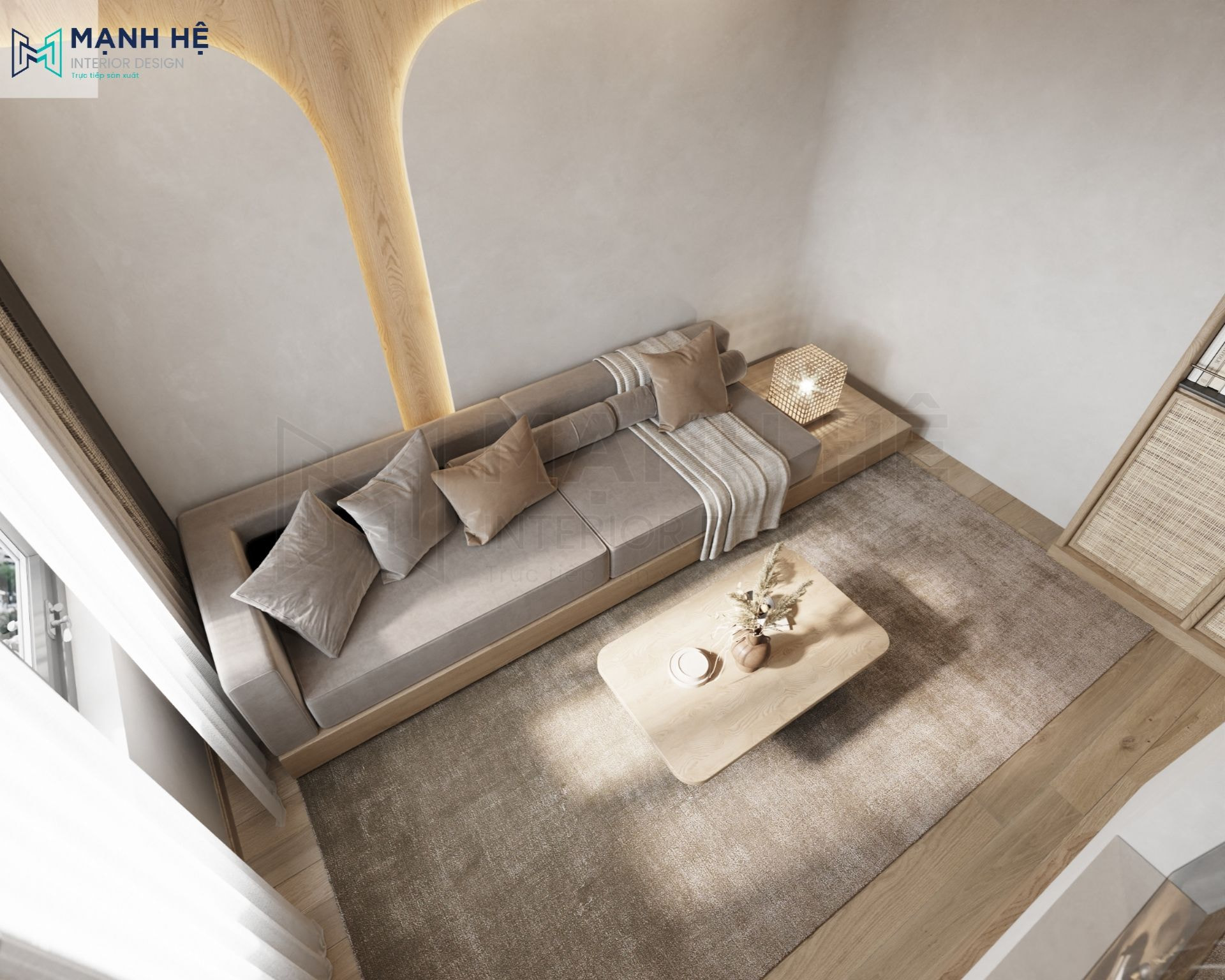 Vách ốp tường sau bộ sofa được thiết kế mới lạ tạo điểm nhấn cho phòng khách