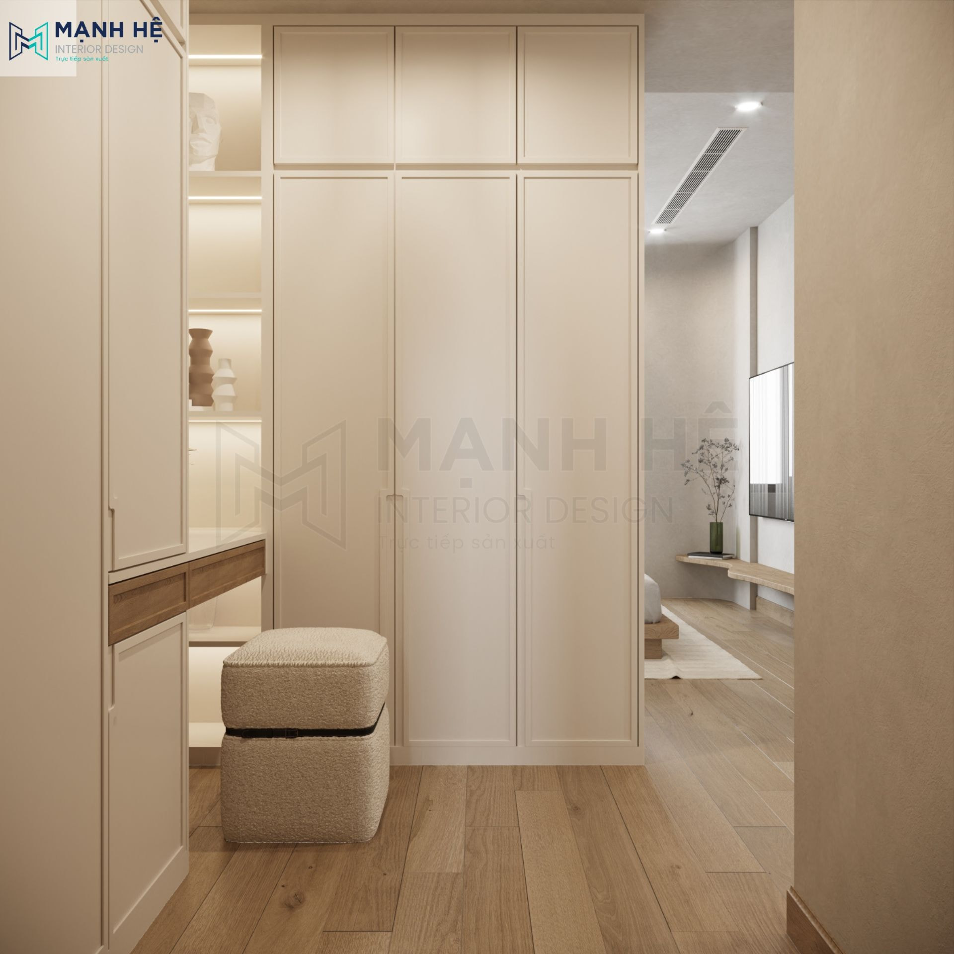 Hệ tủ quần áo được bố trí thành một không gian riêng rộng rãi và tiện nghi