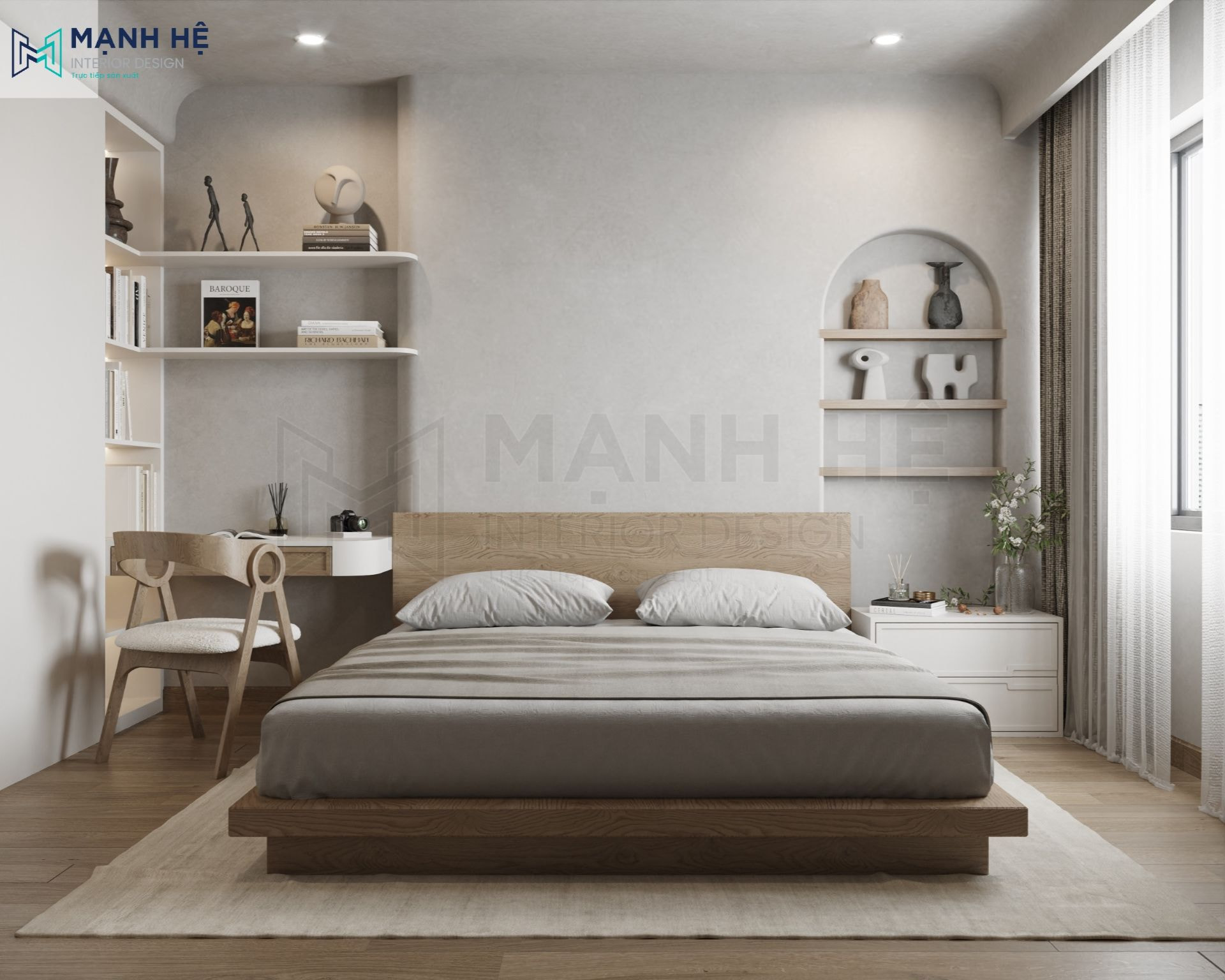 Phòng ngủ master được thiết kế hết sức tối giản, gọn gàng và ngăn nắp