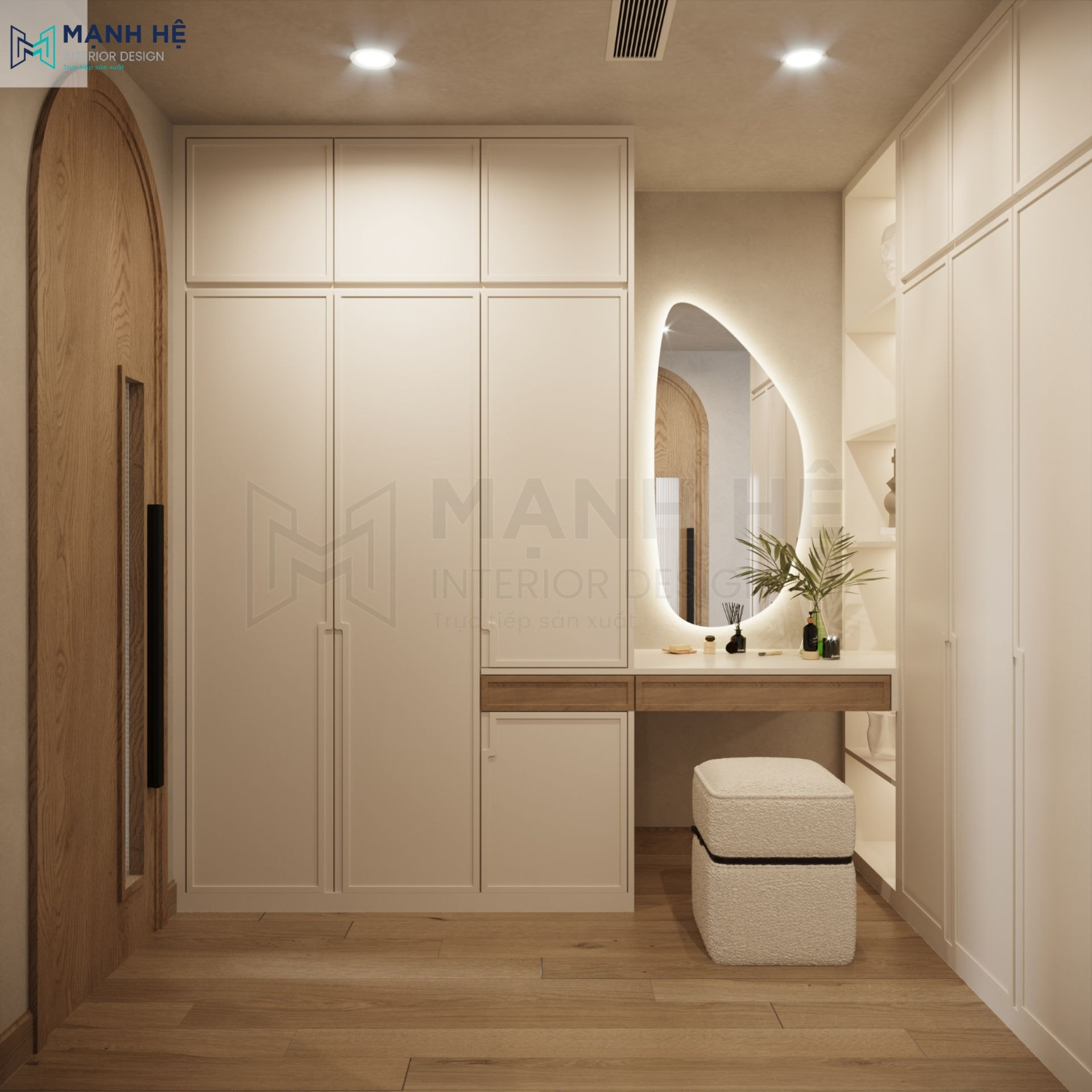 Bàn trang điểm được bố trí hợp lý và tối ưu không gian sử dụng