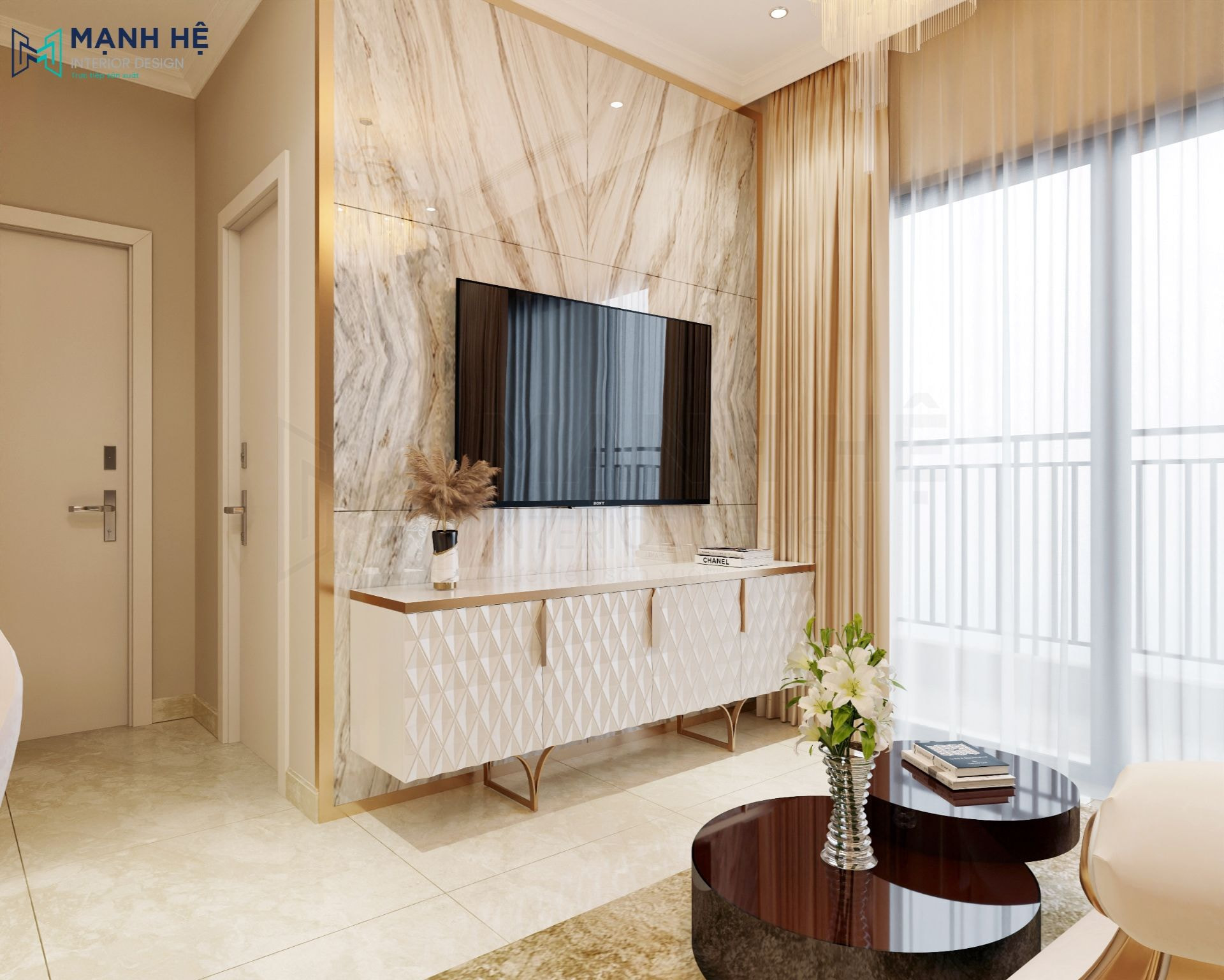 Kệ tivi trắng kết hợp khung chân và tay nắm vàng