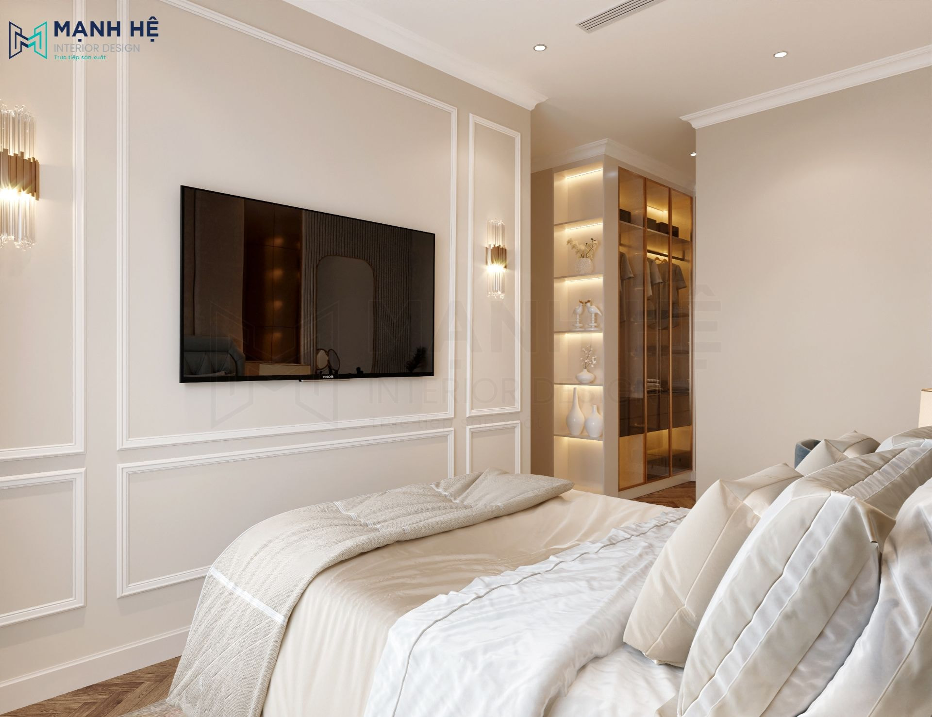Vách ốp tường sau ti vi chạy phào chỉ tạo điểm nhấn cho phòng ngủ