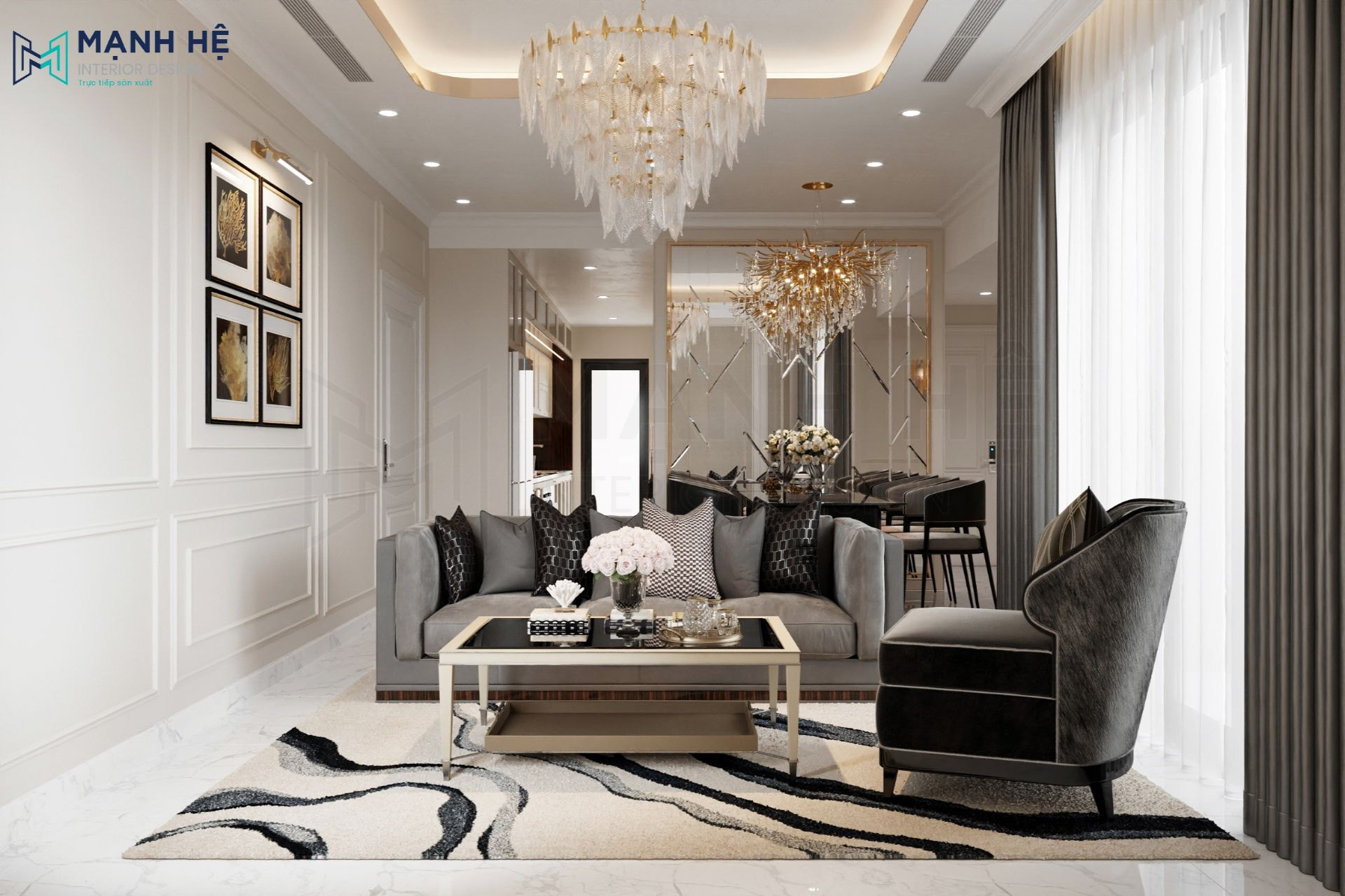 Bộ bàn trà mặt kính khung inox kết hợp ghế sofa bọc đệm sang trọng