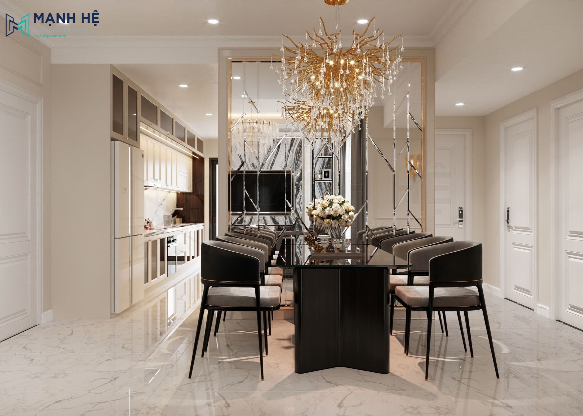 Kính thủy ốp tường giúp trang trí không gian phòng ăn thêm lộng lẫy hơn