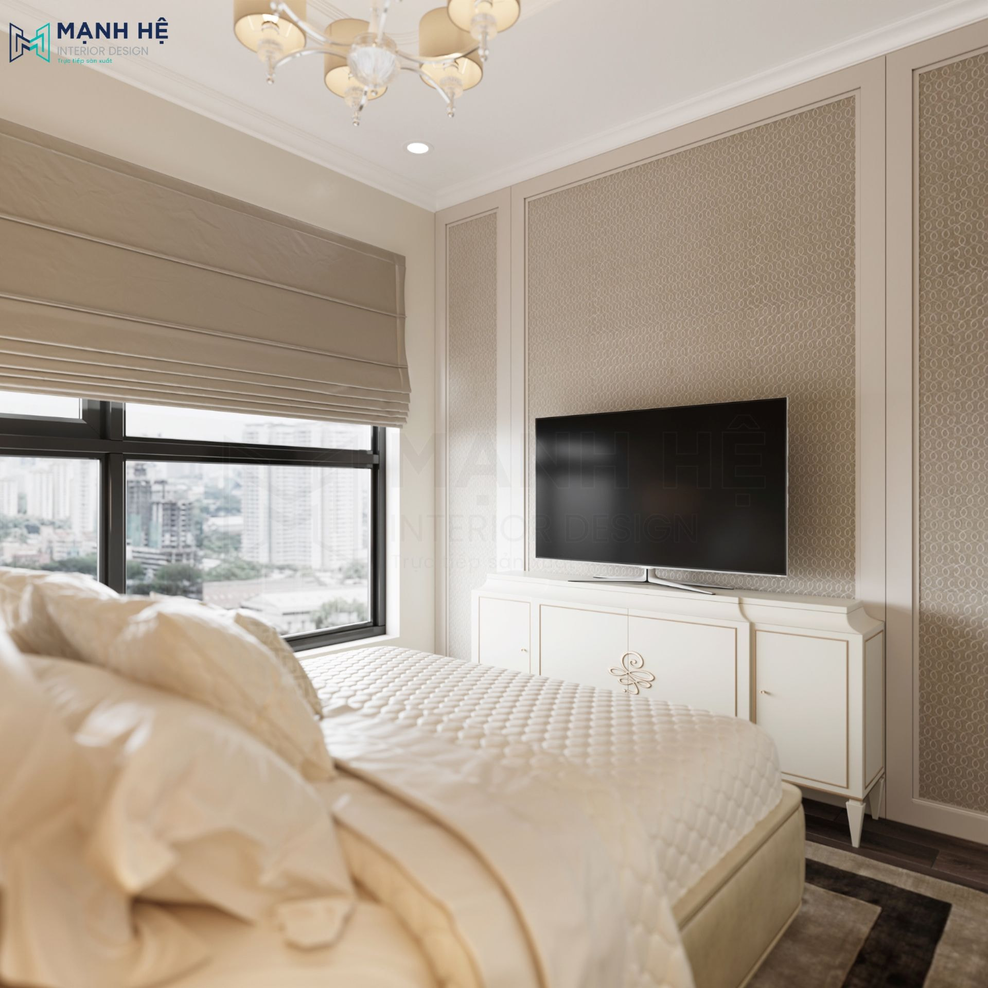 Tường được dán giấy dán tường cao cấp với họa tiết đơn giản