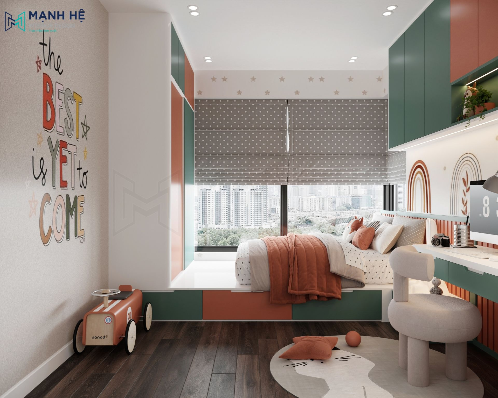 Không gian phòng ngủ bé sử dụng chất liệu gỗ công nghiệp với hai gam màu cam - xanh