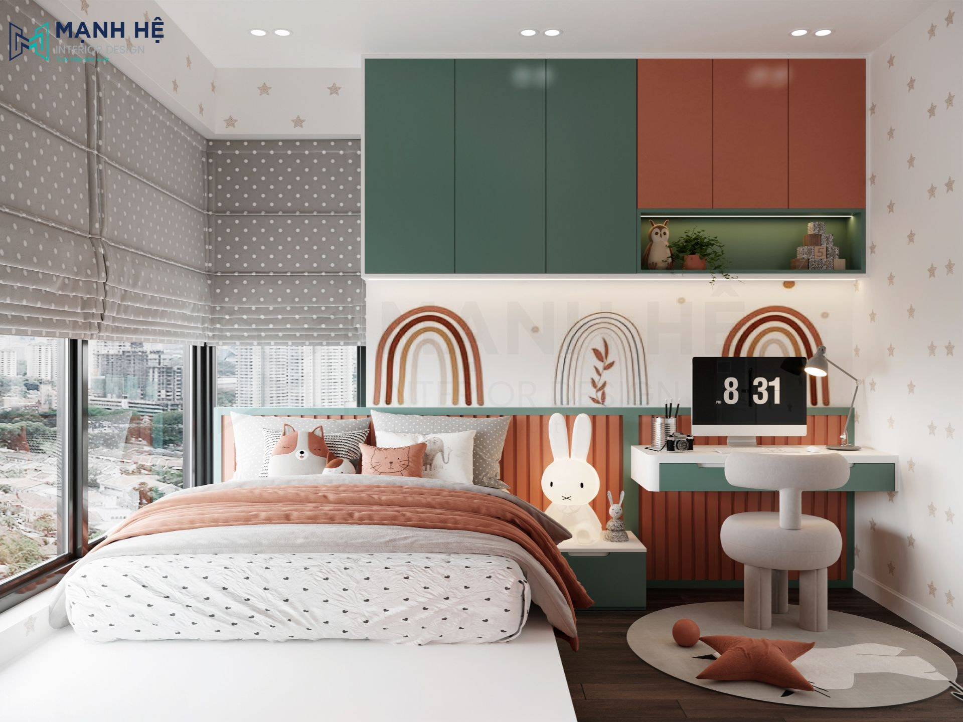 Bàn học kết hợp tủ sách cao đụng trần