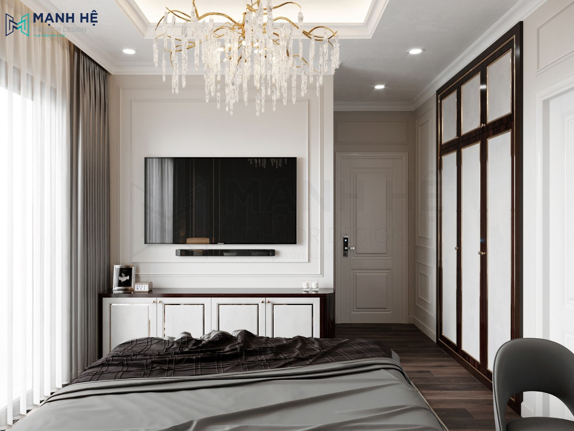 Vách tường sau tivi chạy phào chỉ tinh tế
