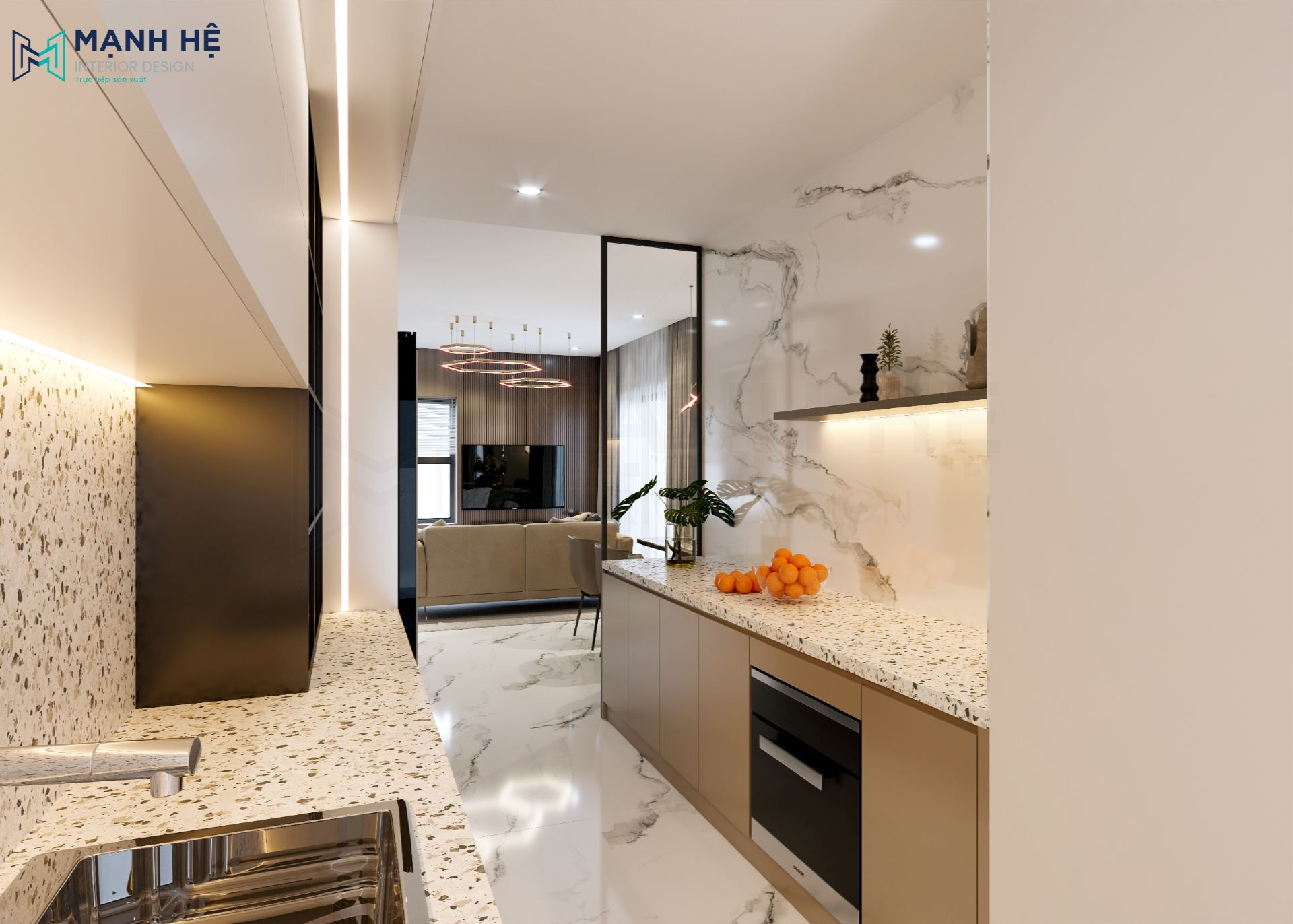 Phòng bếp tuy thông với phòng ăn nhưng được ngăn cách bởi vách cửa kính hợp lý