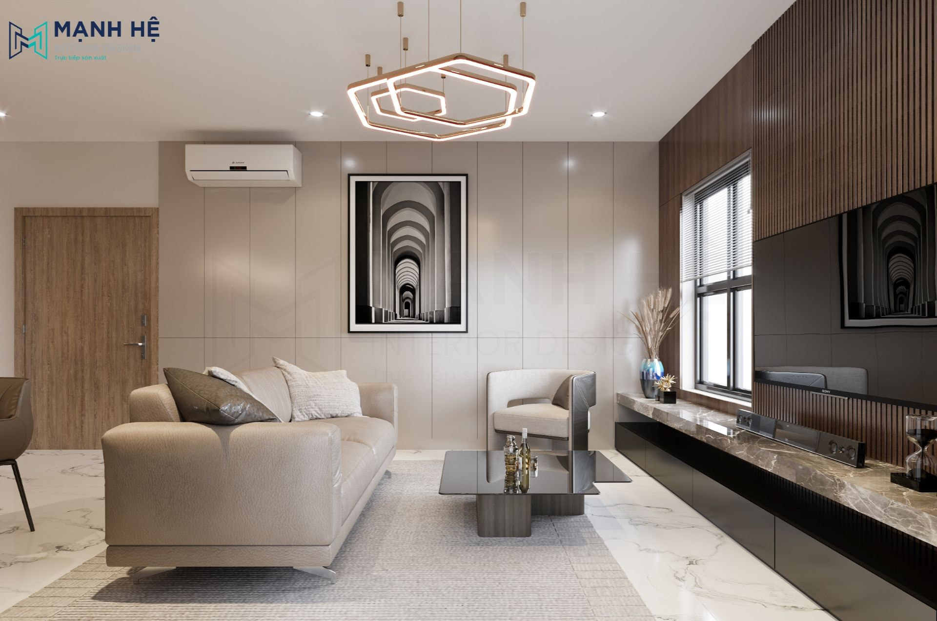 Chiếc đèn trùm lục giác được treo giữa khu vực phòng khách gây chú ý và nổi bật nhờ vẻ đẹp nhỏ gọn, tinh tế tạo điểm nhấn thu hút cho không gian