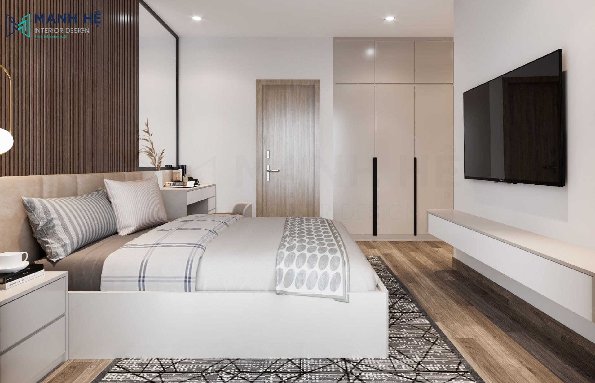 Giường ngủ lớn được bố trí tại trung tâm giúp tiện lợi cho quá trình sinh hoạt và thông thoáng rộng rãi hơn