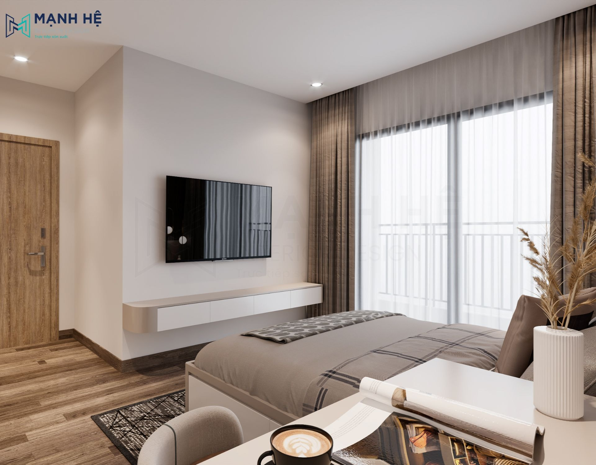 Thiết kế tivi treo tường kết hợp kệ trang trí nhỏ gọn và đơn giản phía dưới được sử dụng phổ biến
