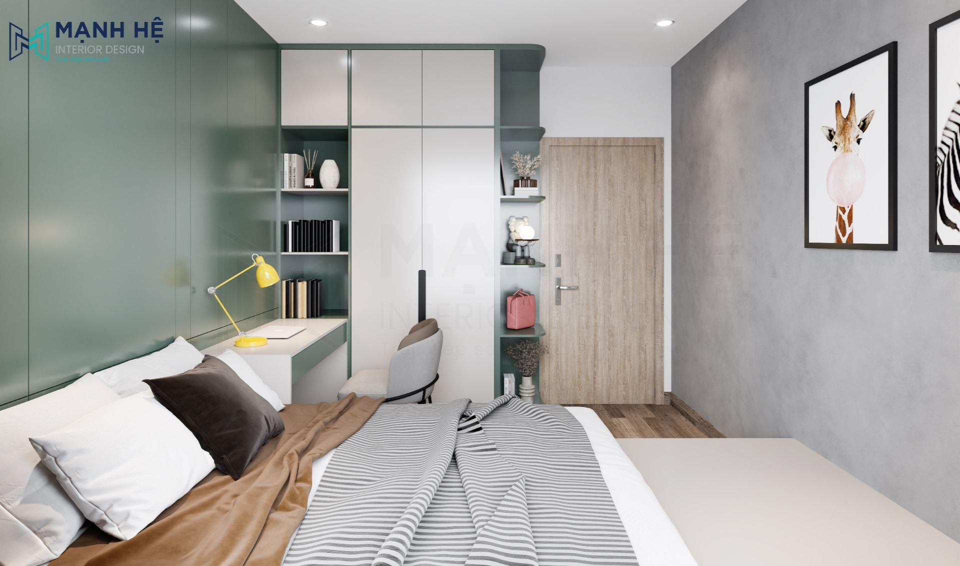 Hệ tủ quần áo cao kịch trần kết hợp kệ trang trí giúp tối ưu diện tích lưu trữ tiện lợi và độc đáo