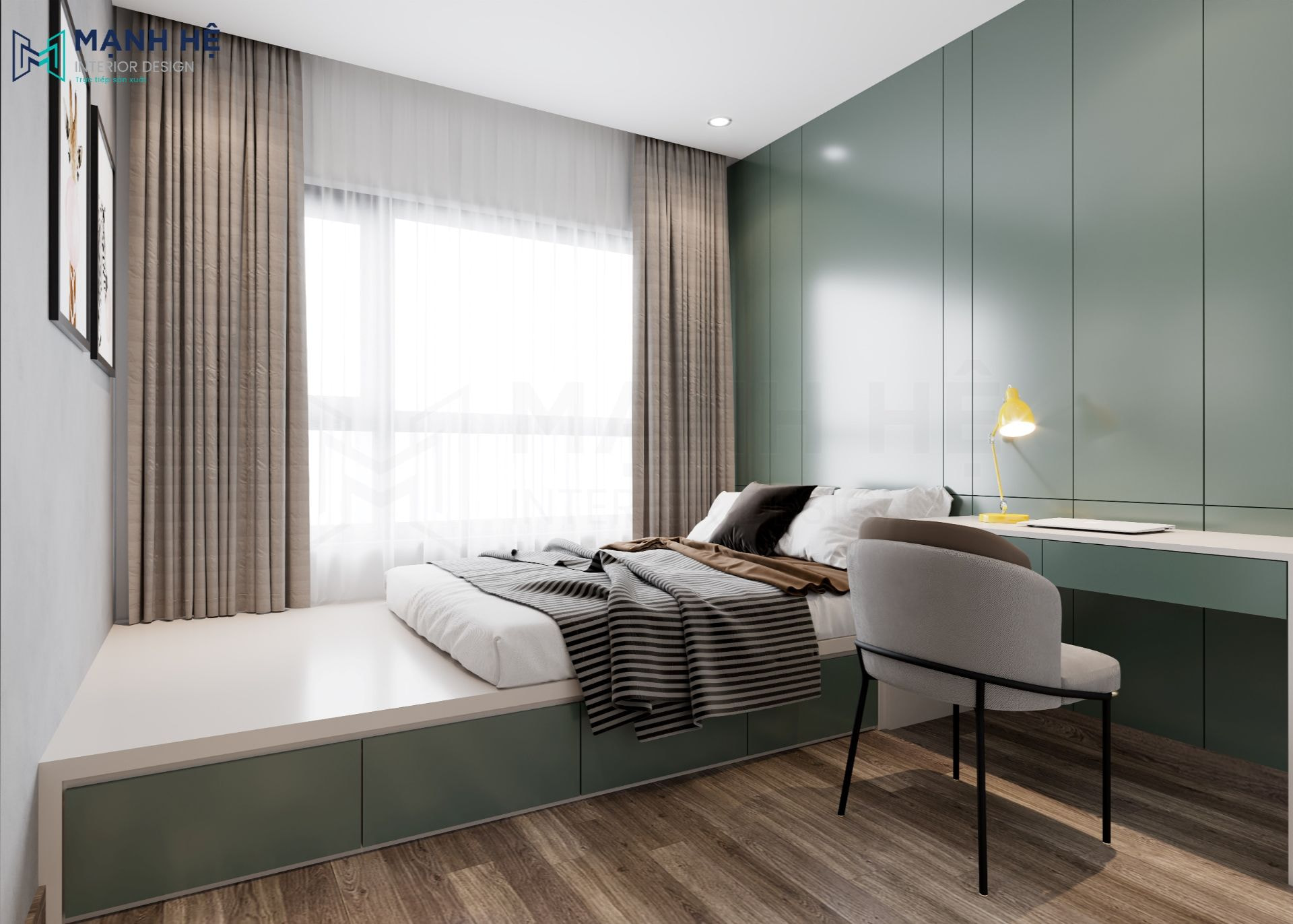 Với không gian phòng ngủ nhỏ, giường ngủ được đặt sát tường tận dụng ánh sáng từ cửa sổ tạo không gian thoáng mát