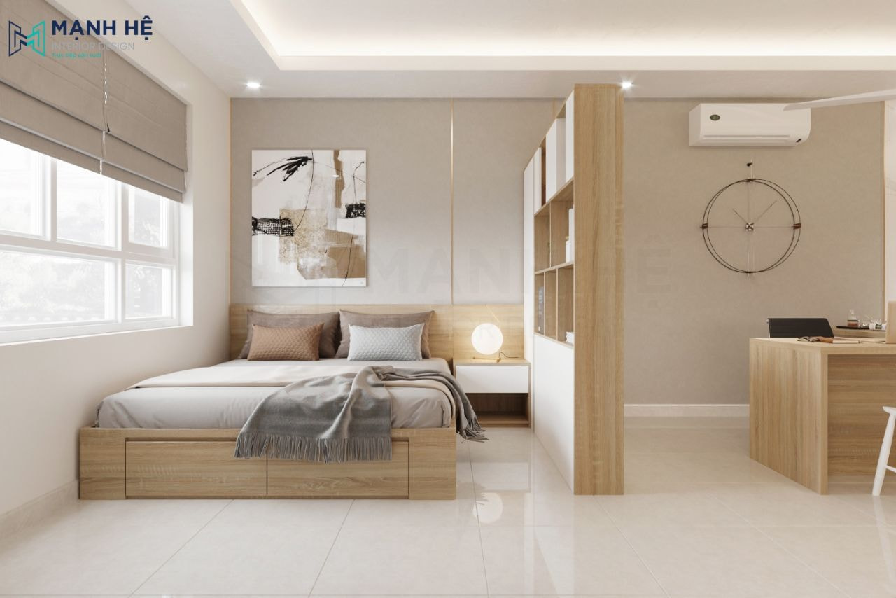 Cạnh cửa sổ được bố trí giường ngủ tạo cảm giác thông thoáng và thoải mái cho những giây phút nghỉ ngơi