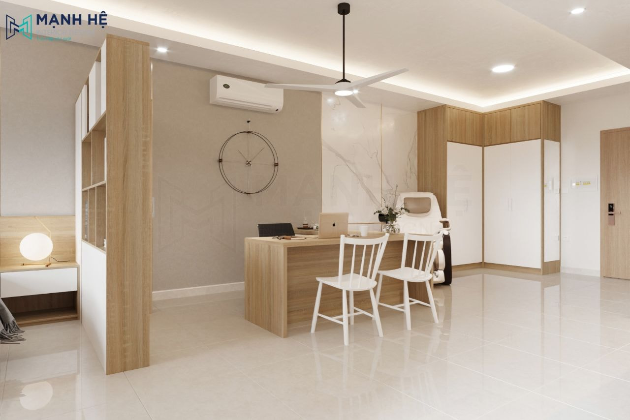 Bàn làm việc đặt ngay không gian chính làm nơi tiếp khách