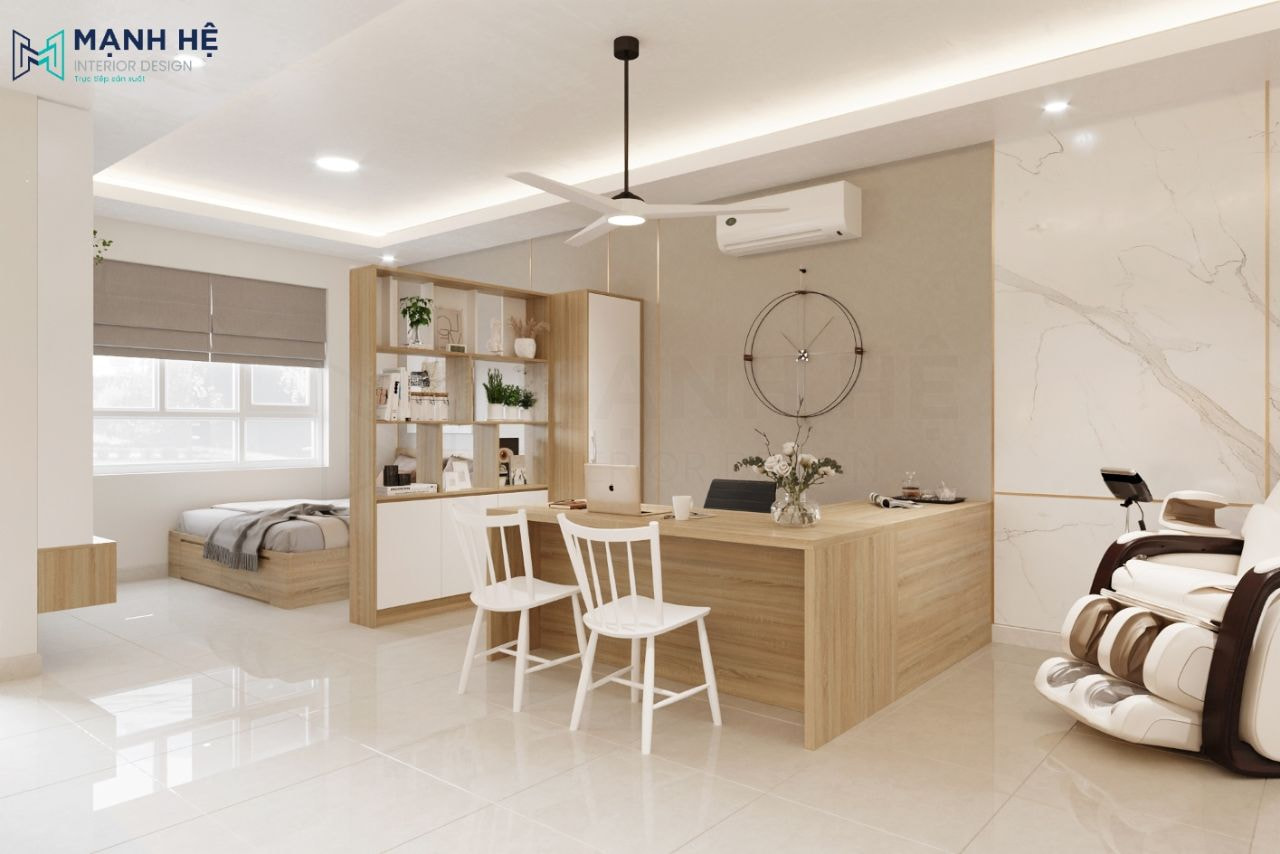 Ngăn cách giữa khu vực phòng ngủ và làm việc là kệ trang trí nổi bật và thu hút