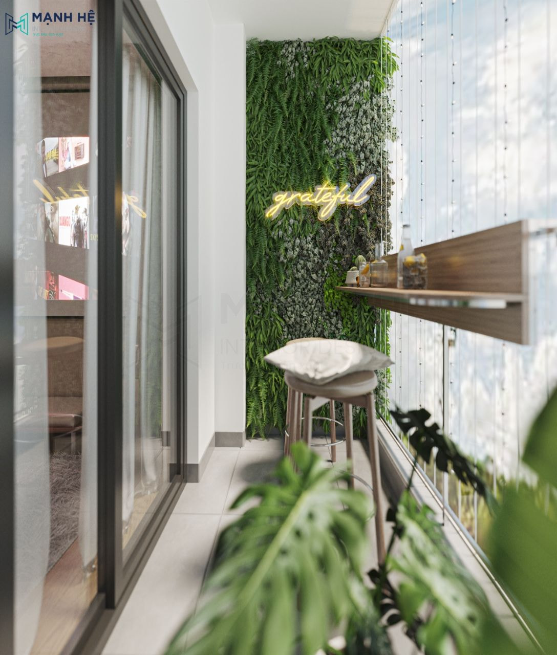 Decor ban công chung thật xinh xắn với cây xanh và bàn ghế dạng quán bar