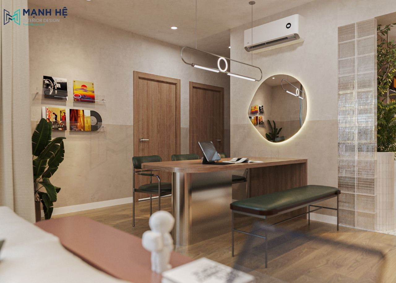 Ghế ăn sử dụng một bên ghế dài, bên còn lại là 3 ghế đơn bọc nệm màu xanh rêu đậm