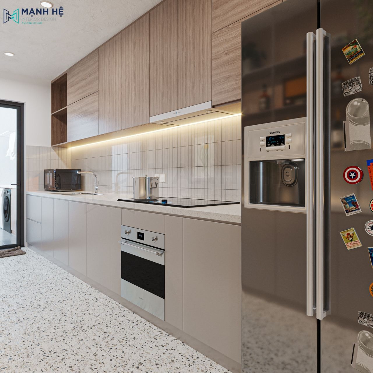 Bề mặt bếp ốp đá vân mây sang trọng, tạo nên căn bếp sạch sẽ, thanh lịch