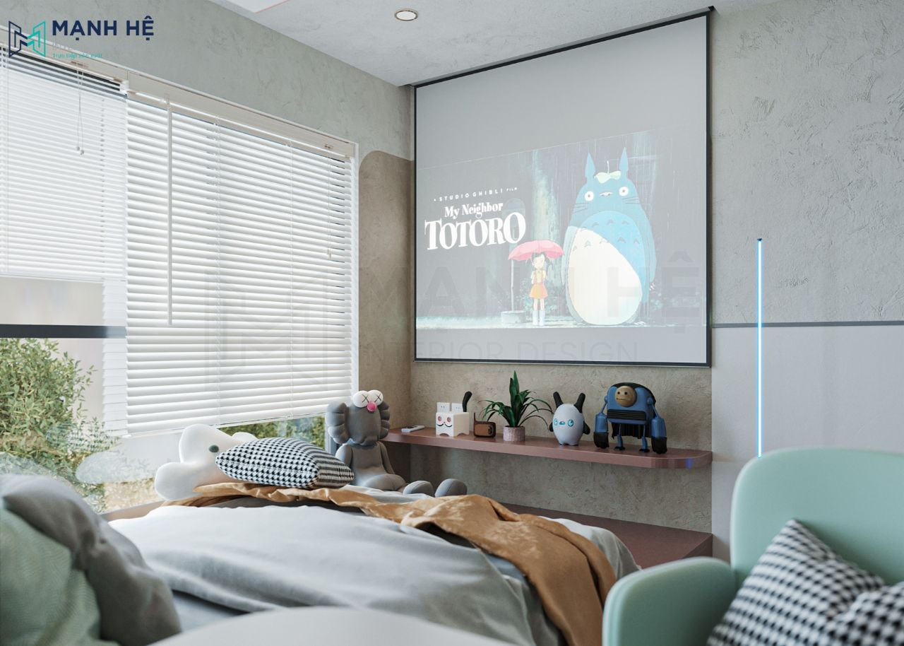 Lắp đặt máy chiếu thay vì tivi, phía dưới là kệ trang trí để các món đồ decor