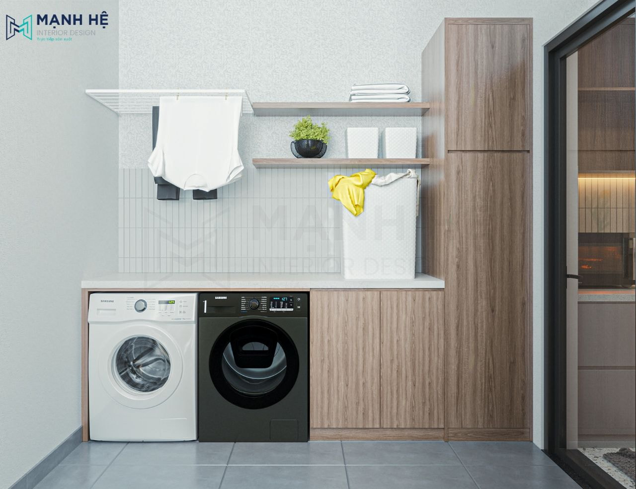 Phòng giặt đồ với máy giặt và kệ để đồ