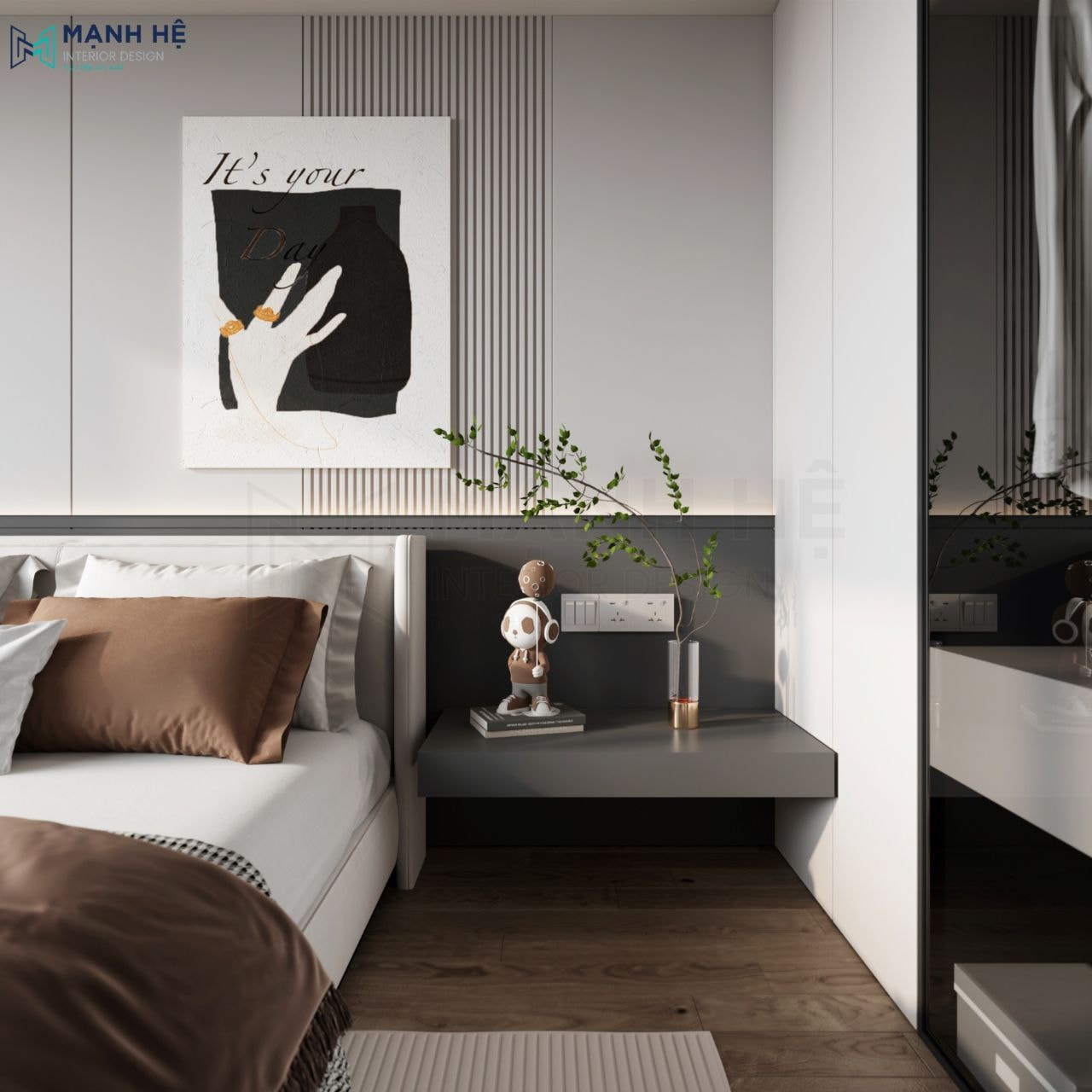 Tab đầu giường trang trí thêm các món đồ decor xinh xắn